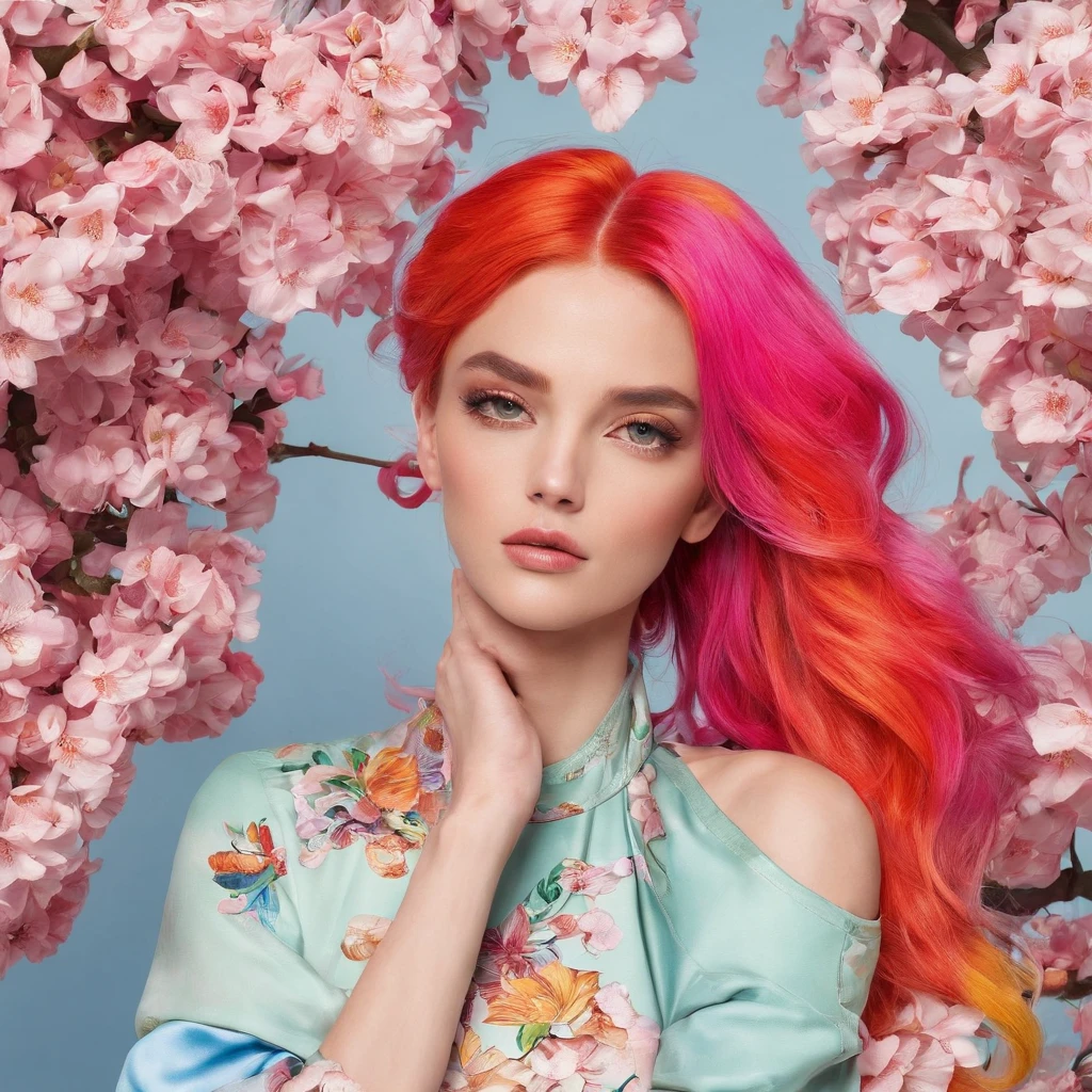 masterpiece, best quality, spring outfit, colorful hair, outdoor, magazine cover ,upper body,