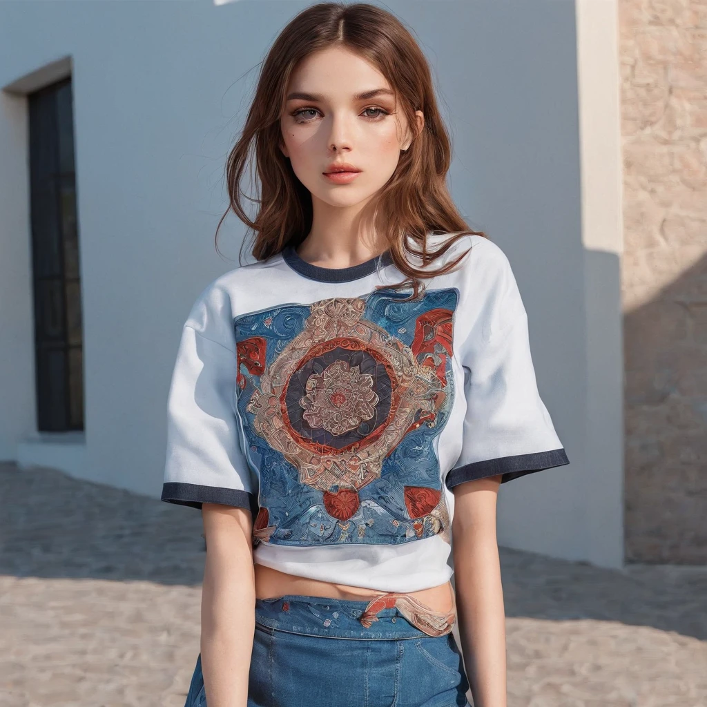 young beautiful girl, ultra detailed, official art, unity 8k wallpaper, (fashion magazine cover:1.3), BREAK,denim mini skirt, graphic tee, combat boots
, mandala