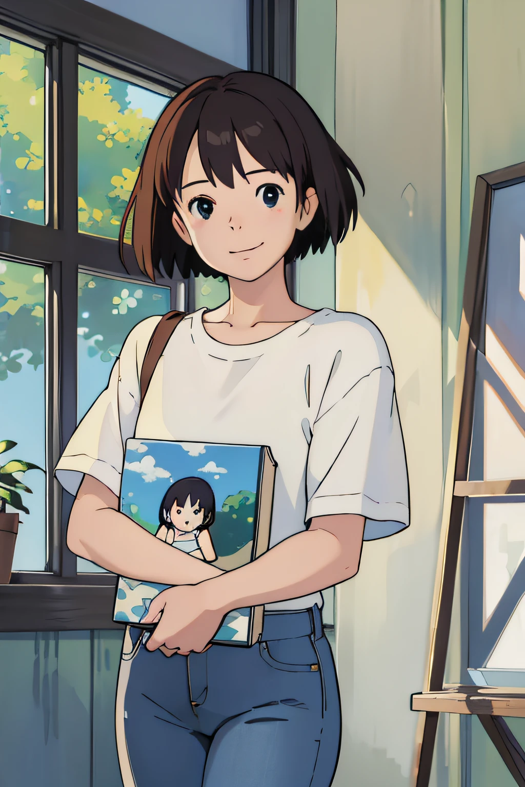 (​masterpiece:1.4)、(top-quality:1.4)、(hight resolution:1.4)、A smile、girl with、Bob Hair、1 girl in、inside in room、huge window、Plain oversized white T-shirt、Wearing jeans、houseplant、bookcase、lo fi、Painting on canvas