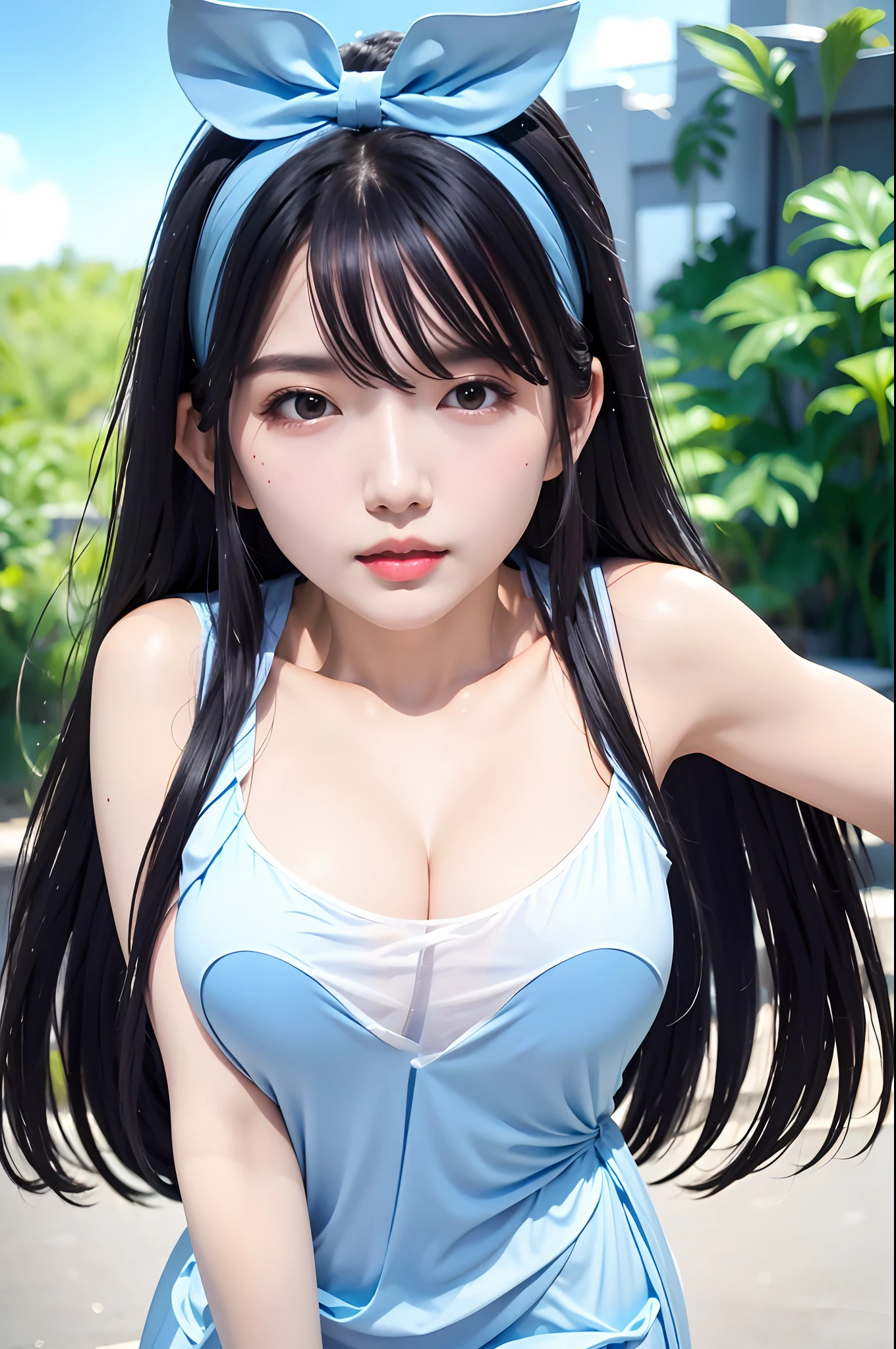 Igirl, rukachan, blue night gown, long hair, black hair, big boobs, realistic, ultra dtail, 70mm lens