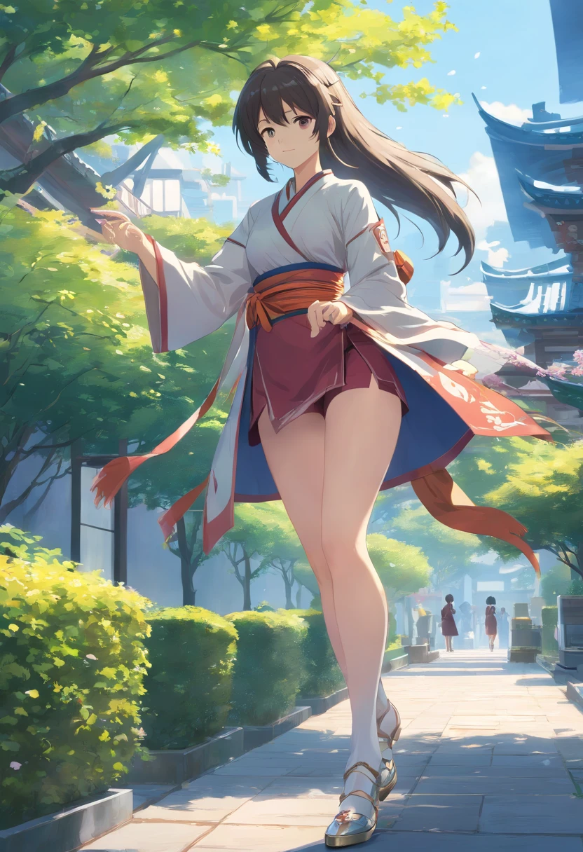 raiden mei (The Valkyries' Blade strikes), {Game CG}, Office Lady, Very long hair, {{Skinny}}, {{Mature female}}, Slim legs, Best quality, Masterpiece, Detailed, Outdoors, Suzhou Garden, Chinese clothes, {{Black pantyhose}}, White footwear, High heels, Sitting, floral decorations, silver decoration, Footwear decoration,,The beautiful,Moving,Cinematic lighting, hyper HD, Masterpiece, Textured skin, Super detail, High details, High quality, Award-Awarded, Best quality