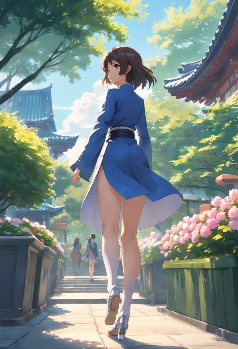 raiden mei (The Valkyries' Blade strikes), {Game CG}, Office Lady, Very long hair, {{Skinny}}, {{Mature female}}, Slim legs, Best quality, Masterpiece, Detailed, Outdoors, Suzhou Garden, Chinese clothes, {{Black pantyhose}}, White footwear, High heels, Sitting, floral decorations, silver decoration, Footwear decoration,，The beautiful，Moving，Cinematic lighting, hyper HD, Masterpiece, Textured skin, Super detail, High details, High quality, Award-Awarded, Best quality