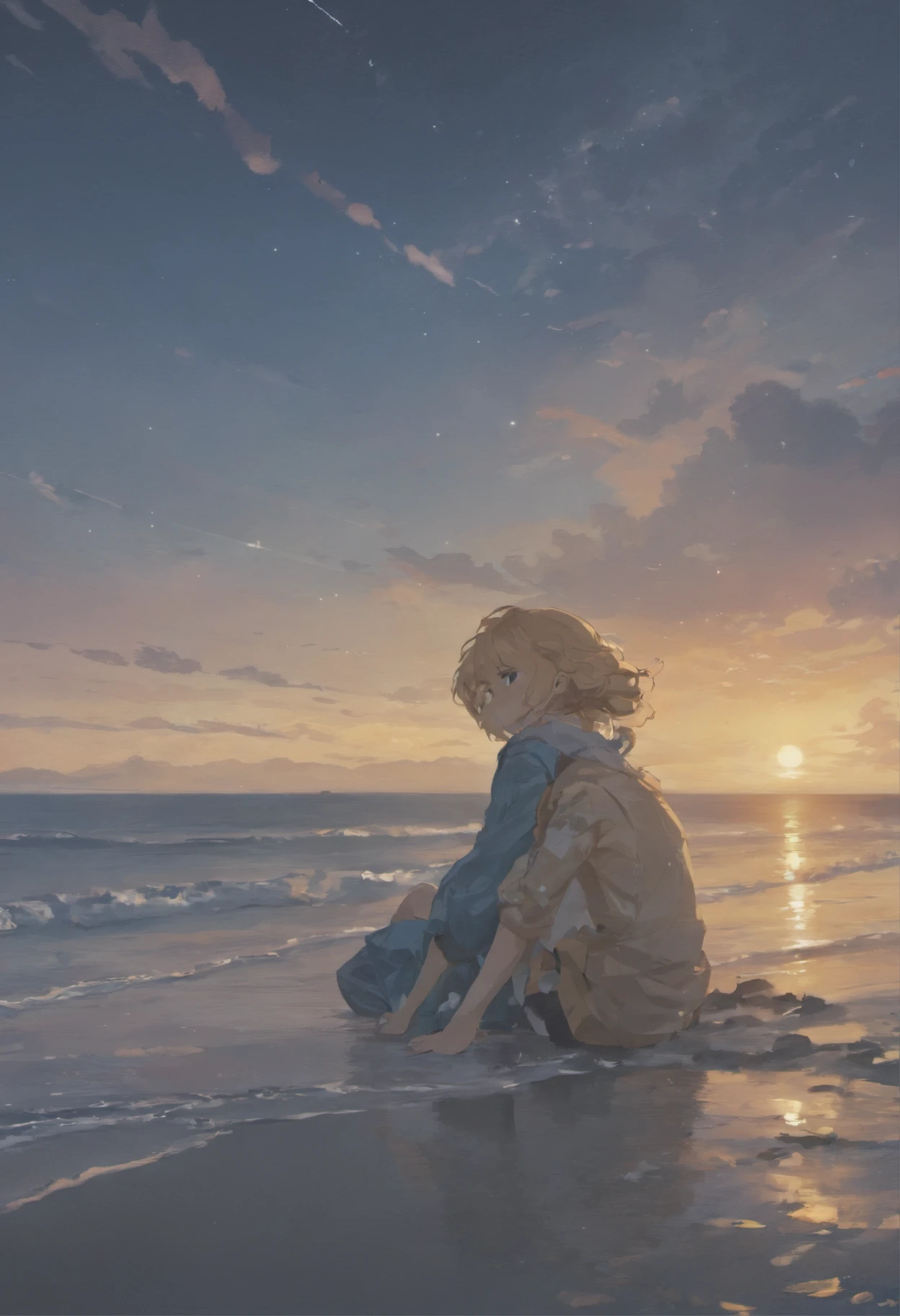 (Masterpiece, Best quality: 1.2), Ultra detailed, Cinematic lighting, hdr, illustration, landsape, 1girll, (pastelcolor), A post-apocalyptic beach, the night, Desolate atmosphere, Girl sitting on the beach, Cover vegetation, (overcast sky), The waves lapping against the coast, (Melancholy but hopeful), Quiet respite moments, (Detailed textures), Windswept hair, Cloudy at night