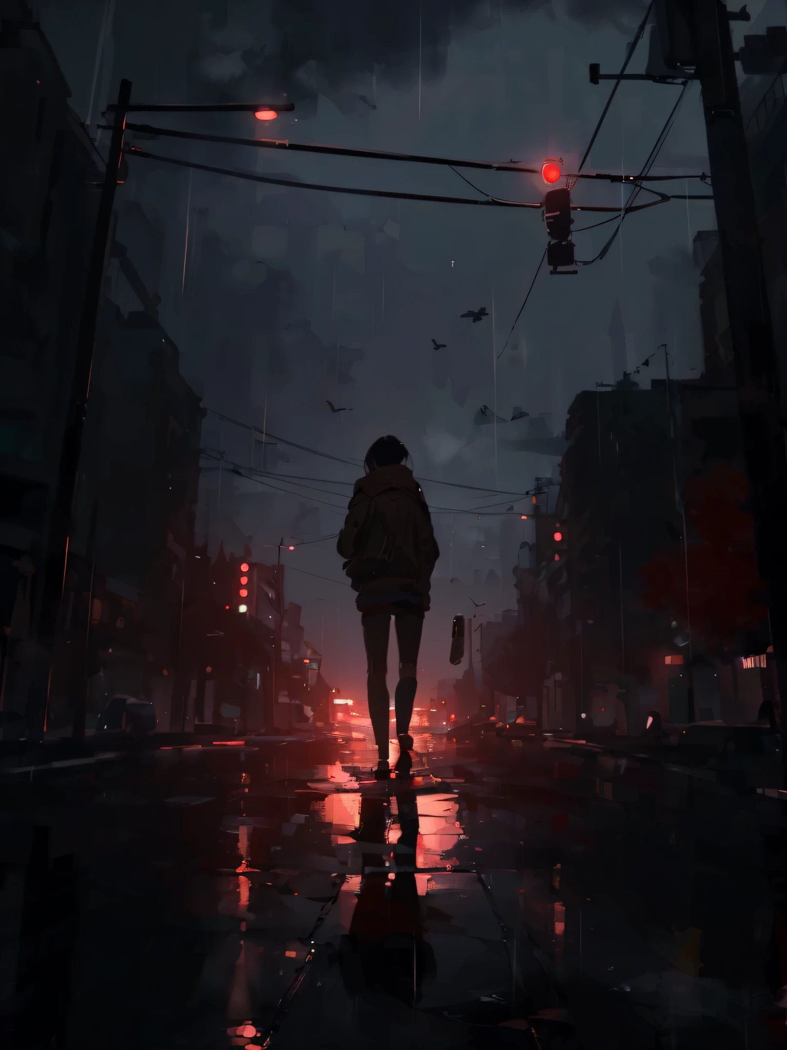 there is a girl walking down a street at night with a rain, by Alena Aenami, inspired by Liam Wong, artwork in the style of guweiz, beautiful and cinematic lighting, anime art wallpaper 4k, anime art wallpaper 4 k, artistic. alena aenami, gloomy cinematic lighting, 4k anime wallpaper, anime atmospheric, there is a cargo plane shot down in tthe sky