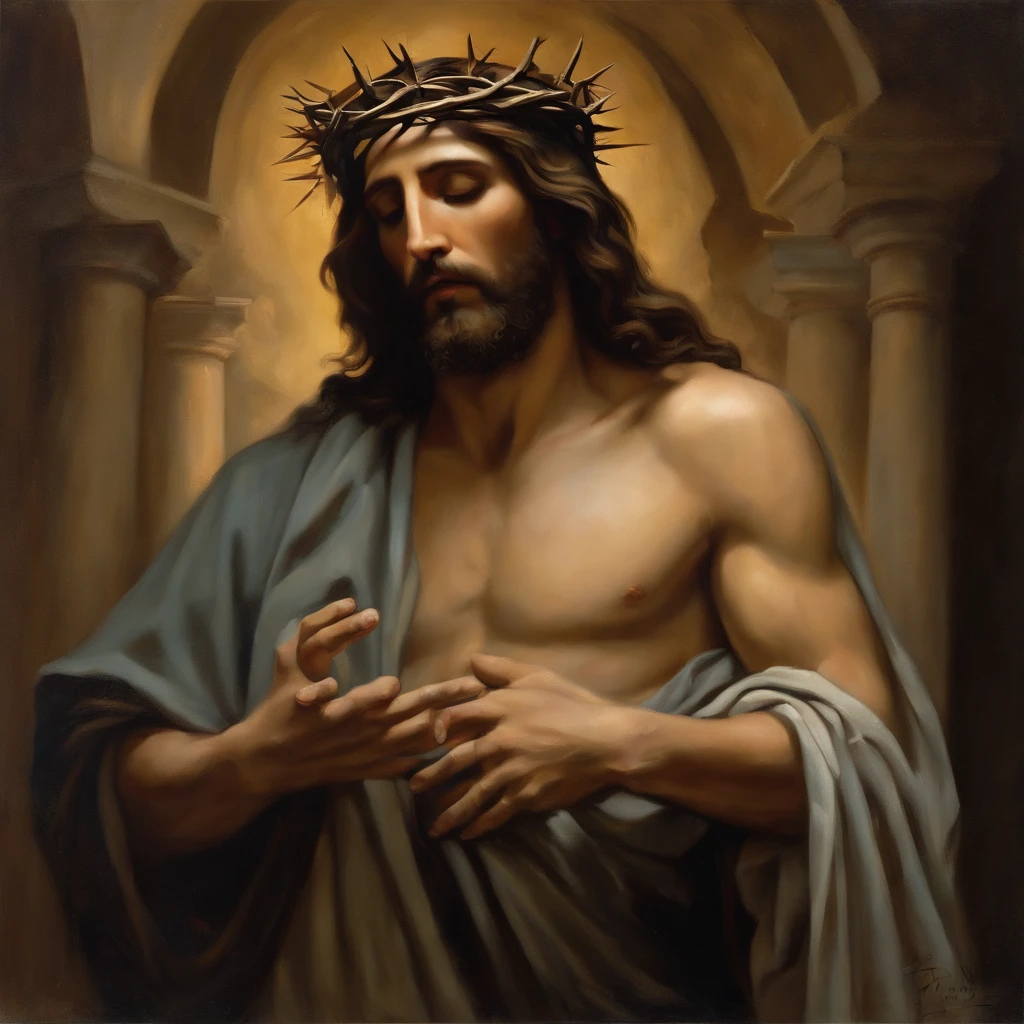 Bust image of Jesus,He faced the masses,Standing in the midst of a ruin。His expression was full of pain and sadness,His hand gripped a crown of thorns。The painting symbolizes the burden he bears for the sins and suffering of mankind,Show His salvation and redemption for us