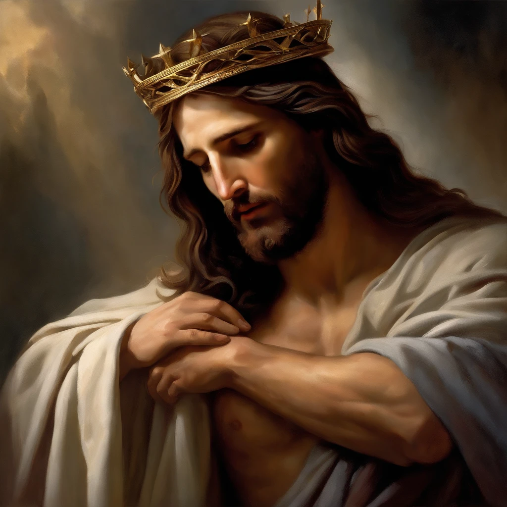 Bust image of Jesus,He faced the masses,Standing in the midst of a ruin。His expression was full of pain and sadness,His hand gripped a crown of thorns。The painting symbolizes the burden he bears for the sins and suffering of mankind,Show His salvation and redemption for us