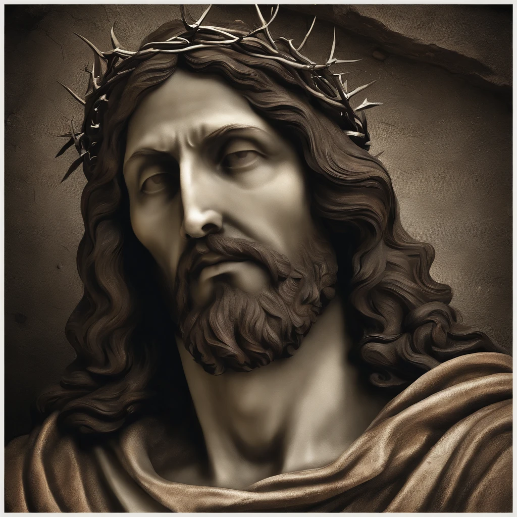Face of black and white statue of Jesus suffering