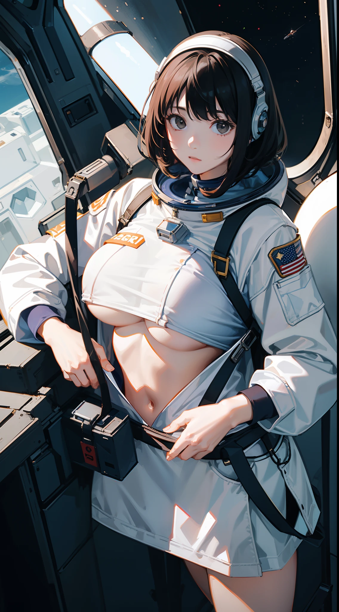 1 girl, astronaut suit, astronaut helm, in moon, masterpiece, ultra details, high raw, (big breast:1.5), 70mm lens, carry oxygen cylinder bag, astronaut rocket, the whole body is covered with clothes