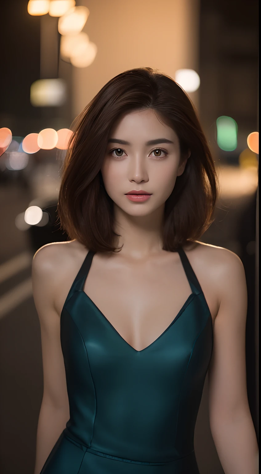 ((Realistic lighting, Best quality, 8K, Masterpiece: 1.3)), Focus: 1.2, 1girl, Perfect Body Beauty: 1.4, Slim Abs: 1.1, ((Dark Brown Hair)), (Aqua Dress: 1.4), (Outdoor, Night: 1.1), City Street, Super Fine Face, Fine Eyes, Double Eyelids,
