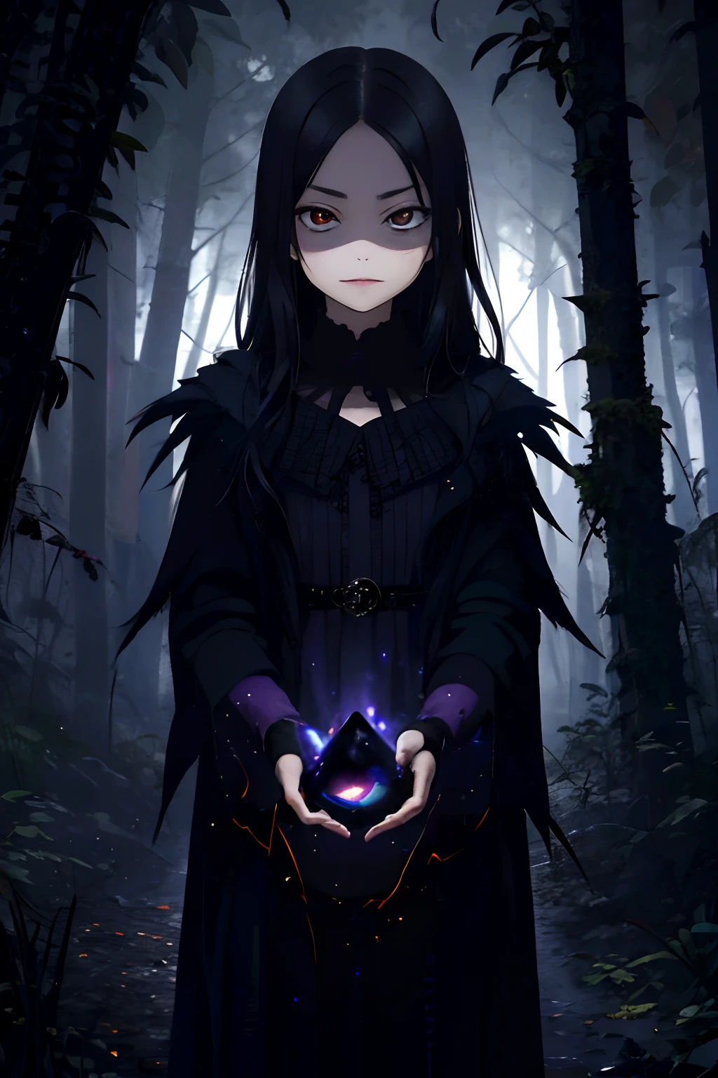 masterpiece, best quality, masterpiece, (1girl), (LLChar), evil witch, dark energy, void, empty eyes, (extremely evil), dark magic, dark forest, negaive energy, hell, void, stars, black hair,