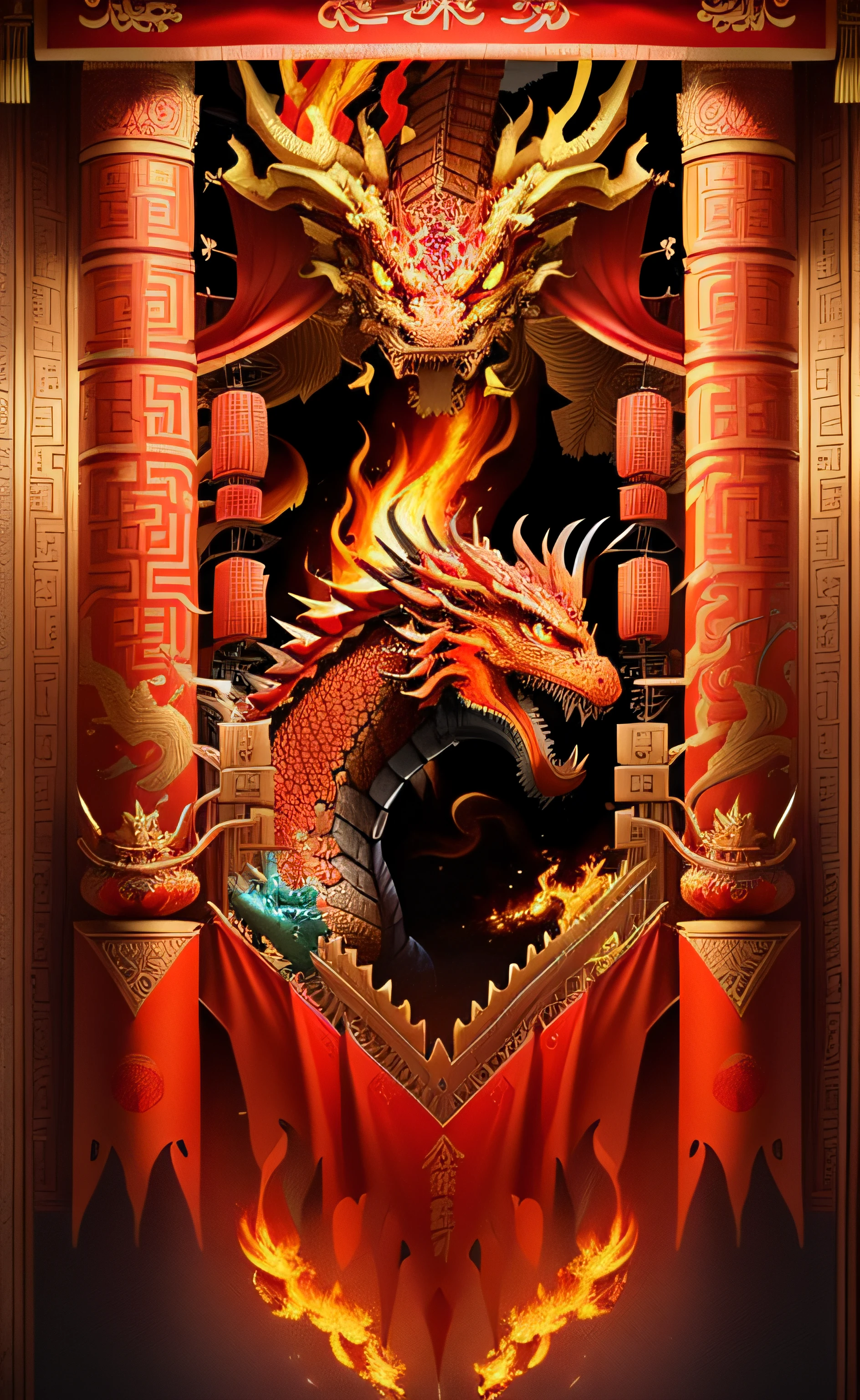 a red banner with a dragon and a dragon on it, china silk 3d dragon, fire flaming dragon serpent, samurai vinyl wrap, ornate with fiery explosions, chinese dragon, cloth banners, pinball machine parts, red banners, fire dragon, spectacular, fire flaming serpent, red dragon, ''dragon breathing fire, set on fire, smooth chinese dragon, ssao, sf