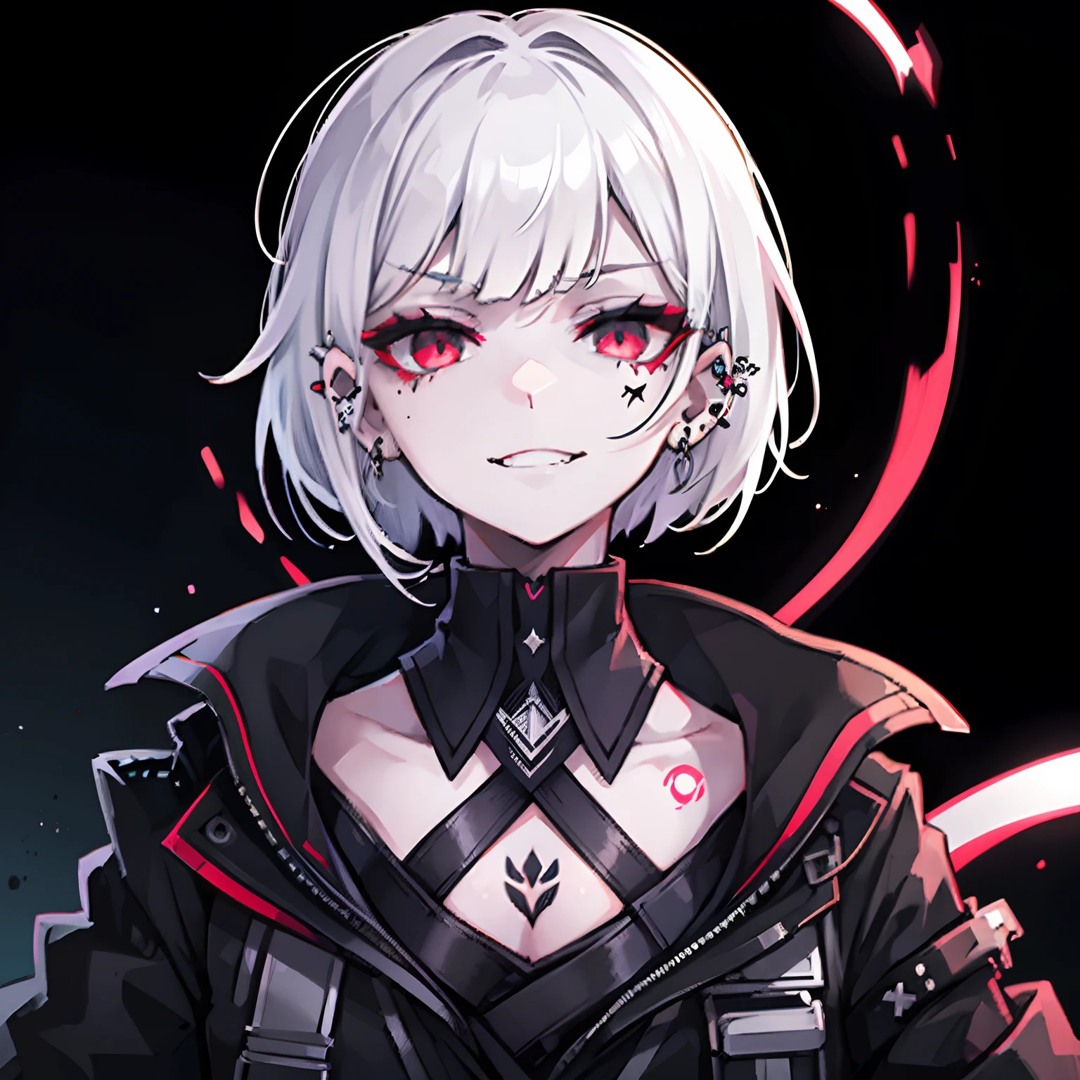 (portrait:0.9), 1girl, flat chest, black office shirt, black colar, white hair, short hair, black lipstick, starsector, black background, piercing, neck tattoo, red eyes, smug face expression, pale face, grin