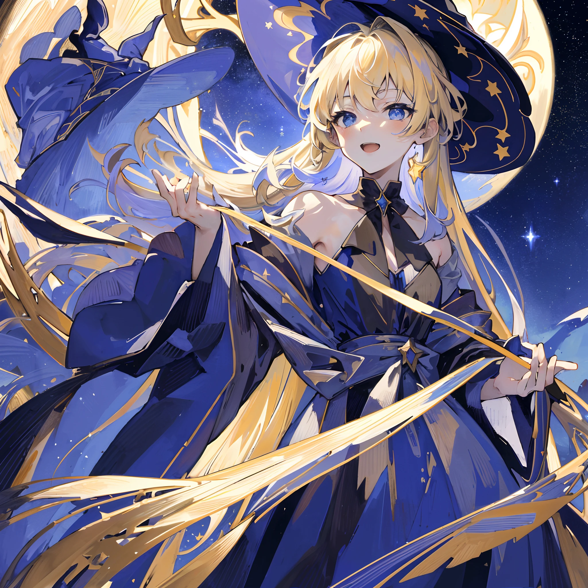 ((Masterpiece: 1.2, Best Quality)), 1girl, Solo, (Witch Hat), Blonde, Long Hair, Dress, Aurora, Night, Stars (Sky), Gloves, Sky, White Dress, Night Sky, Open Mouth, Starry Sky, Blue Eyes, Ribbon, Very Long Hair, Red Dress, Smile, Hair Ribbon, Cloak, Blue Hair, (Bird), Magic, Casting Spells, Dark Clouds, Night, (Impressionism: 1.4), (Tarot: 1.3) , Alphonse Mucha,