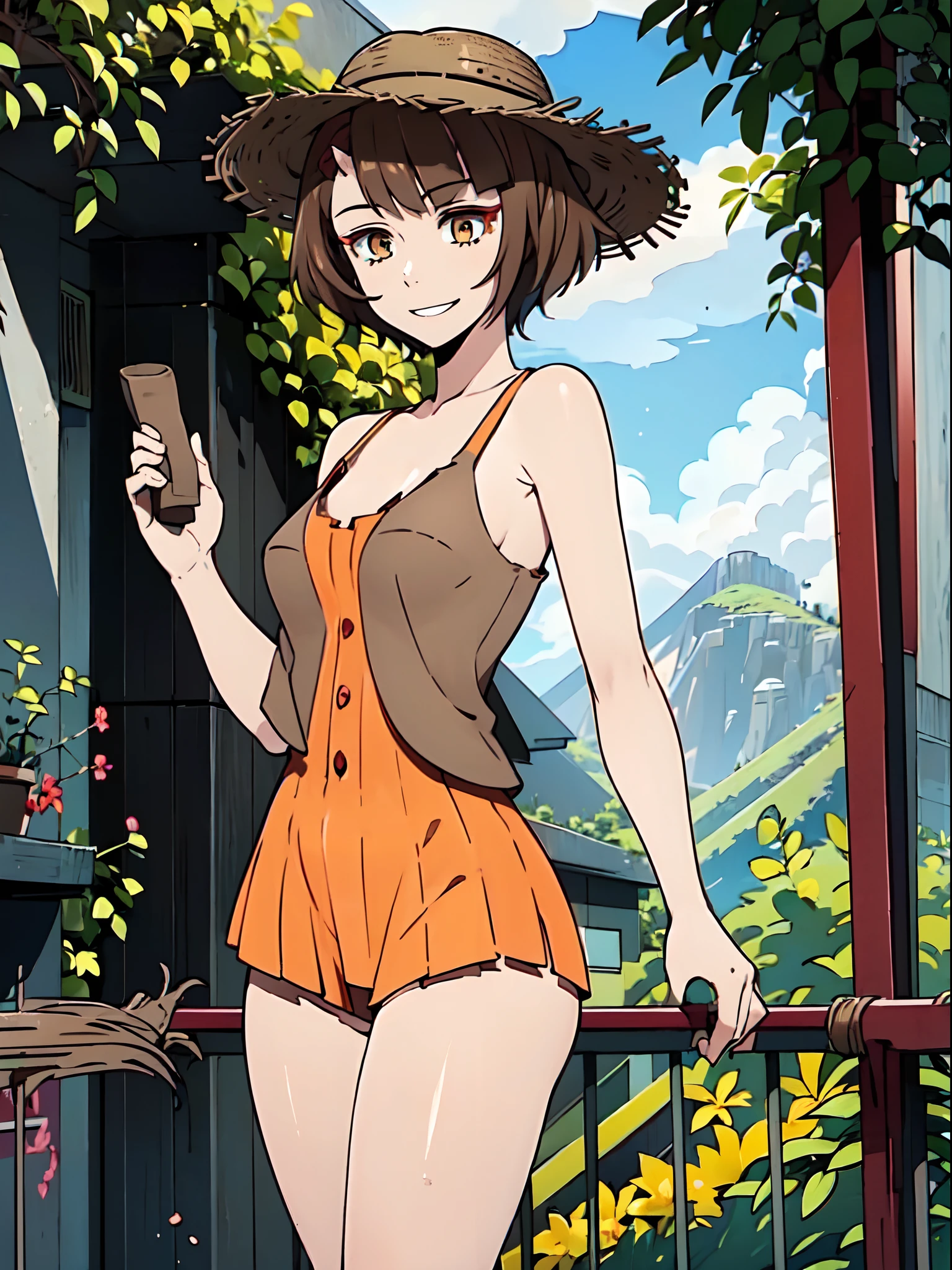 (masterpiece:1.2), (pale skin:1.2), (solo:1.2), (female:1.1), (emphasis lines:1.3), (camisole:1.2), (bare shoulders:1.1), (straw hat:1.1), flowers, (hiking theme:1.2), (trees:1.1), (bag:1.2), hiking bag, (shorts:0.8), brown hair, short hair