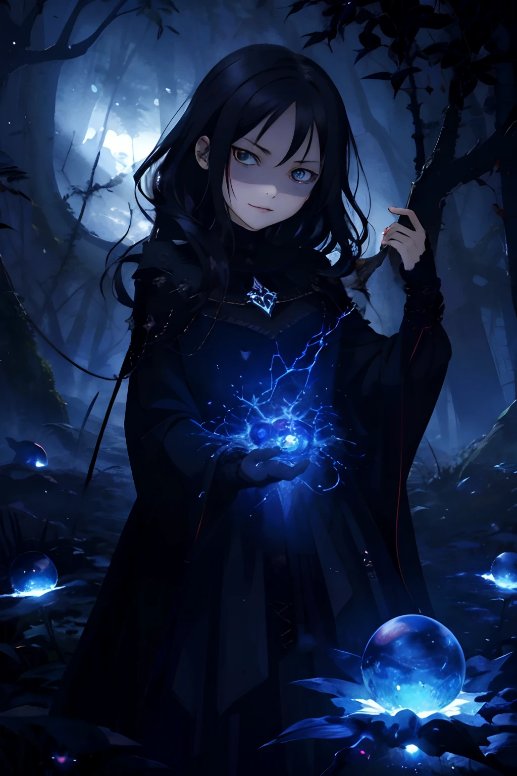 masterpiece, best quality, masterpiece, (1girl), (LLChar), evil witch, dark energy, void, empty eyes, (extremely evil), dark magic, dark forest, negaive energy, hell, void, stars, black hair,
