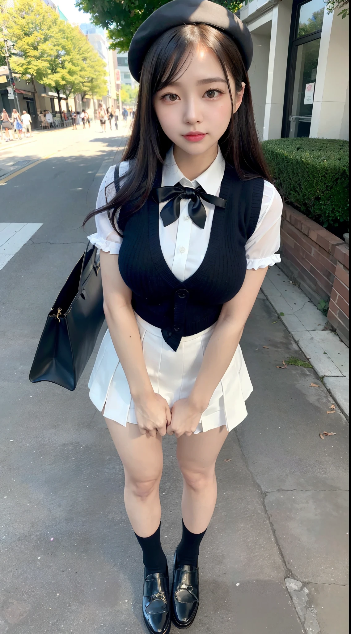 mix4, (16 K, Raw photography, Top image quality, masterpiece: 1.45), (realisitic, Photorealsitic: 1.37), one girls, 7.5, etc,cute little, A city scape,, profetional lighting, photon maping, Downtown Shibuya, physically-based renderingt, Gradient black hair,, a handsome, girl with, (((student clothes、Silk white blouse with short sleeves、Dark blue knitted vest、White Silk Mini Skirt、No red tie pattern、Black High Socks、Black Loafers Leather Shoes))), Top Quality Photos, hight resolution, 1080p, (clearface), (Detailed face description), (Detailed hand description), (masterpiece), (Exquisite CG)、extreme light and shadows、dishevled hair、master work、abundant detail、(Fine facial features)、(top quality photo)、(masuter piece)、(A detailed eye)、Look in front of you、Fine clavicle、((Slender big))、((White beret)))、((Cute idol system))、((Gingko tree-lined shopping street))、(Shooting from random perspectives)、(((Anyway cute)))、耳Nipple Ring、A big smile、Drawing the whole body from the knees、Do not draw nasolabial folds、(((Holding a leather student bag in your hand)))、Big breasts that hang down big、Two legs、(((Standing Pose:1.3)))、bare hand、Hands out of the sleeves of blouses、