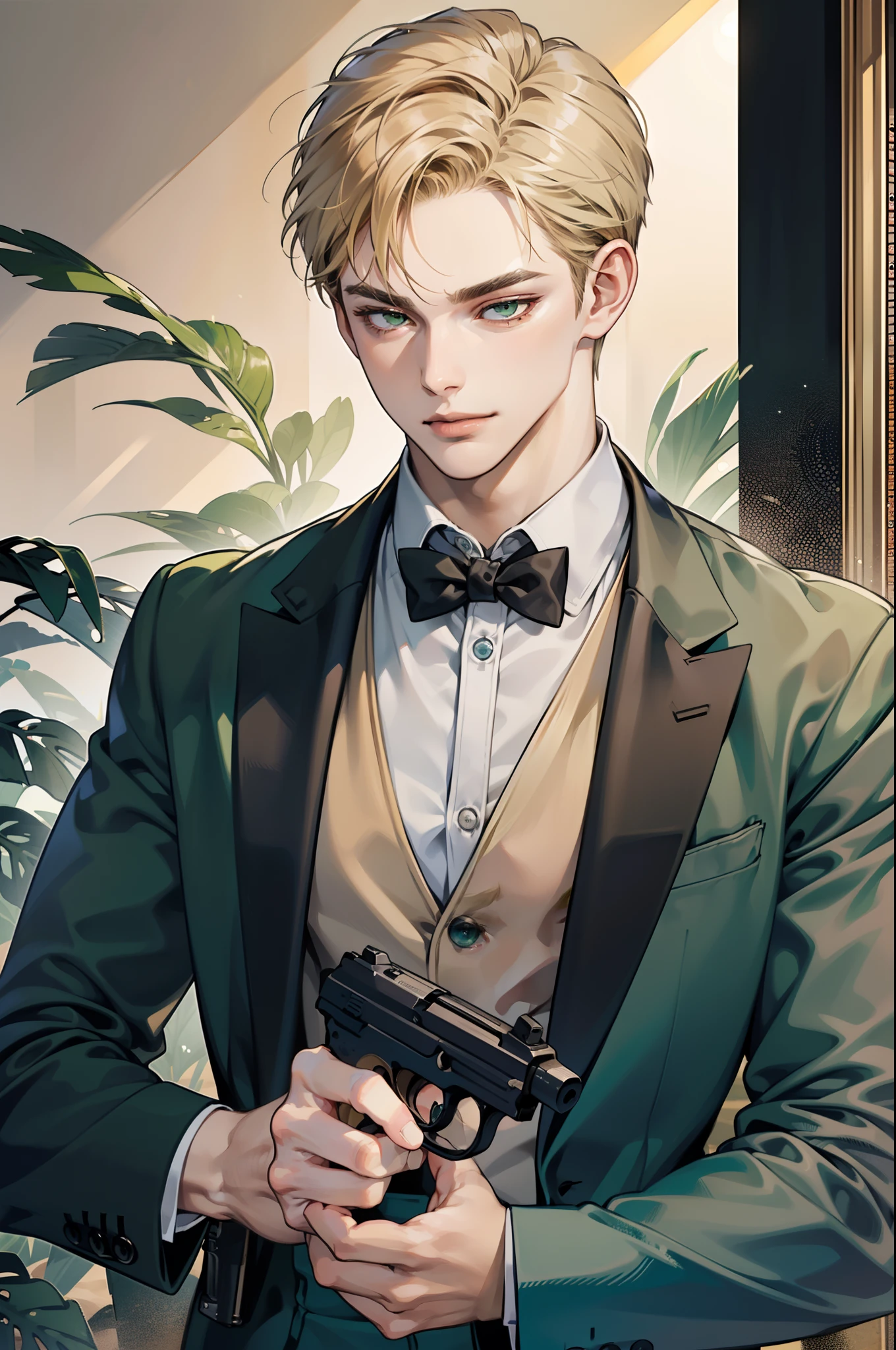 masterpiece, best quality, realistic, 1man, mature male, quiet and charming young man, 18 years old, close his eyes, smirk, closed mouth, extremely detailed face, a little distant, ((dark green eyes)), ((short-side-swept sandy blonde hair)), [thick eyebrows], mafia, full body, (in dark blue suit), ((hold a gun)), accurate, detailed
