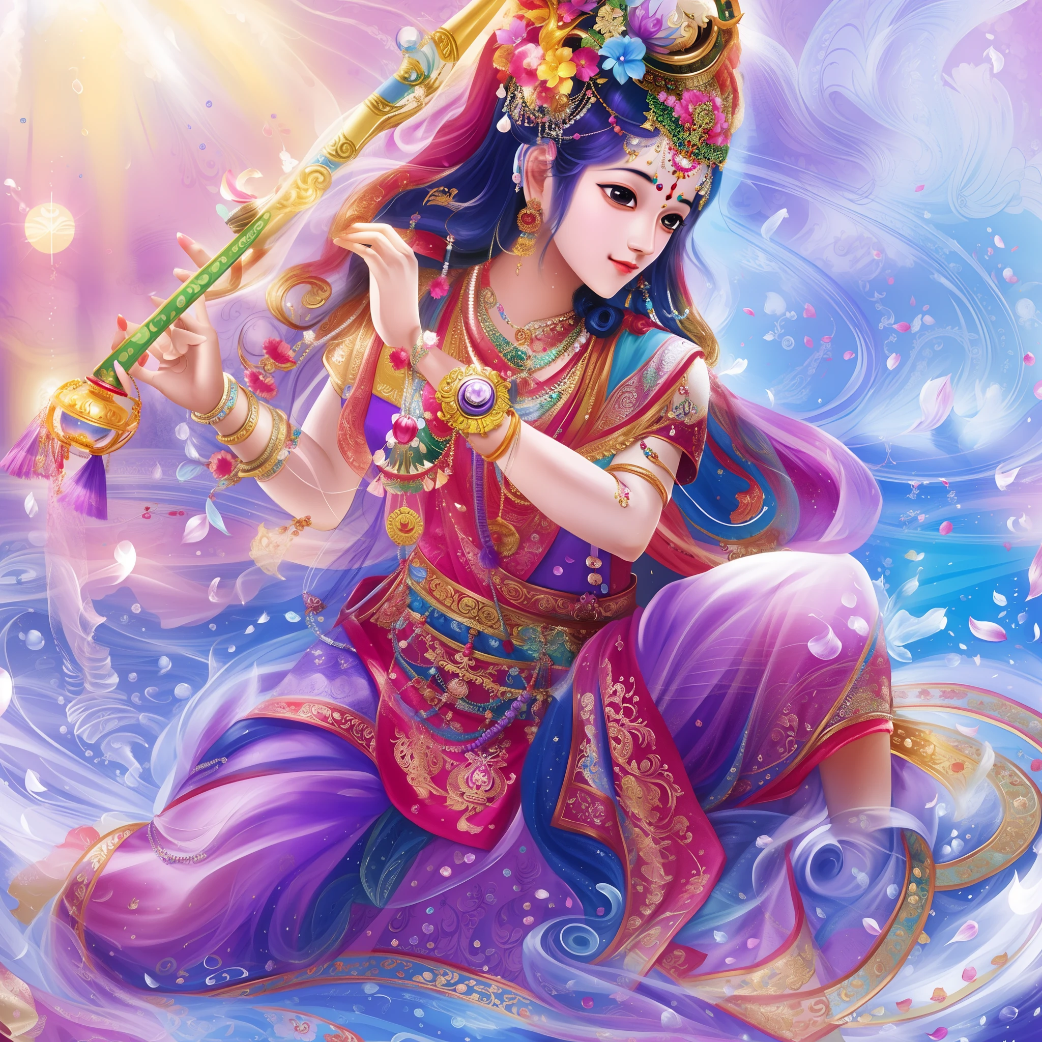 a painting of a indian god Krishna in a purple outfit holding a flute, beautiful god, god of love and peace, indian god of wealth, godess, asian male water elemental, hd wallpaper, devainart, beautiful avatar pictures, beautiful image, a beautiful fantasy empress, extremely detailed god shot, painting of beautiful, god art, fanart, indian god