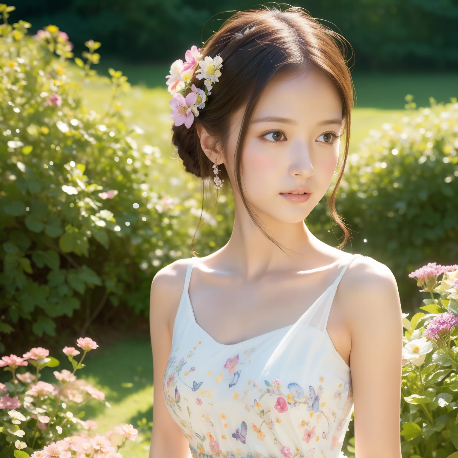 (masterpiece:1.2),(best quality),(ultra-detailed),(depth of field),(beautiful girl),(pretty facial features),(nature),(ethereal),(flowers),(colorful landscape),(flowers are),(butterflies),(sparkling dress),(elements)