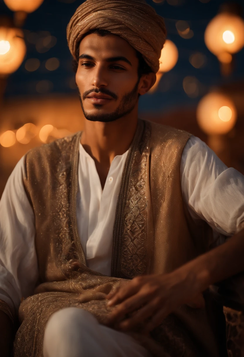 world press photo winner, (award-winning photography:1.3), (modern Moroccan man, beautiful face, young man, Moroccan skin tone, typical Moroccan male features:1.4), (very sharp photo:1.1), (8k, RAW photo, best quality:1.3), (realistic, photo-realistic, modest clothes:1.1), riad rooftop, Marrakech view, romantic, moroccan lamps, sexy, gorgeous roses, exotic, glimmering lights, magical, super romance , Portait of a (beautiful typical modern Moroccan man under the stars:1.5), analog style (look at viewer:1.2) (skin texture) (film grain:1.3), (warm hue, warm tone:1.2), cinematic light, sidelighting, ultra high res, best shadow, RAW, upper body, wearing kaftan