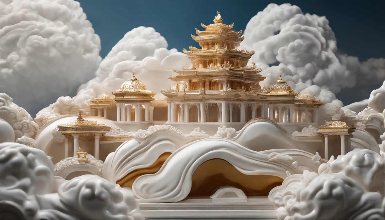 Extreme detail, 8K, hyper qualit, Masterpiece, illustration, Photorealistic, Ultra photo realsisim, intricate sharp details, Dramatic lighting, Classical auspicious clouds, Auspicious clouds made and carved with fine porcelain and white marble,