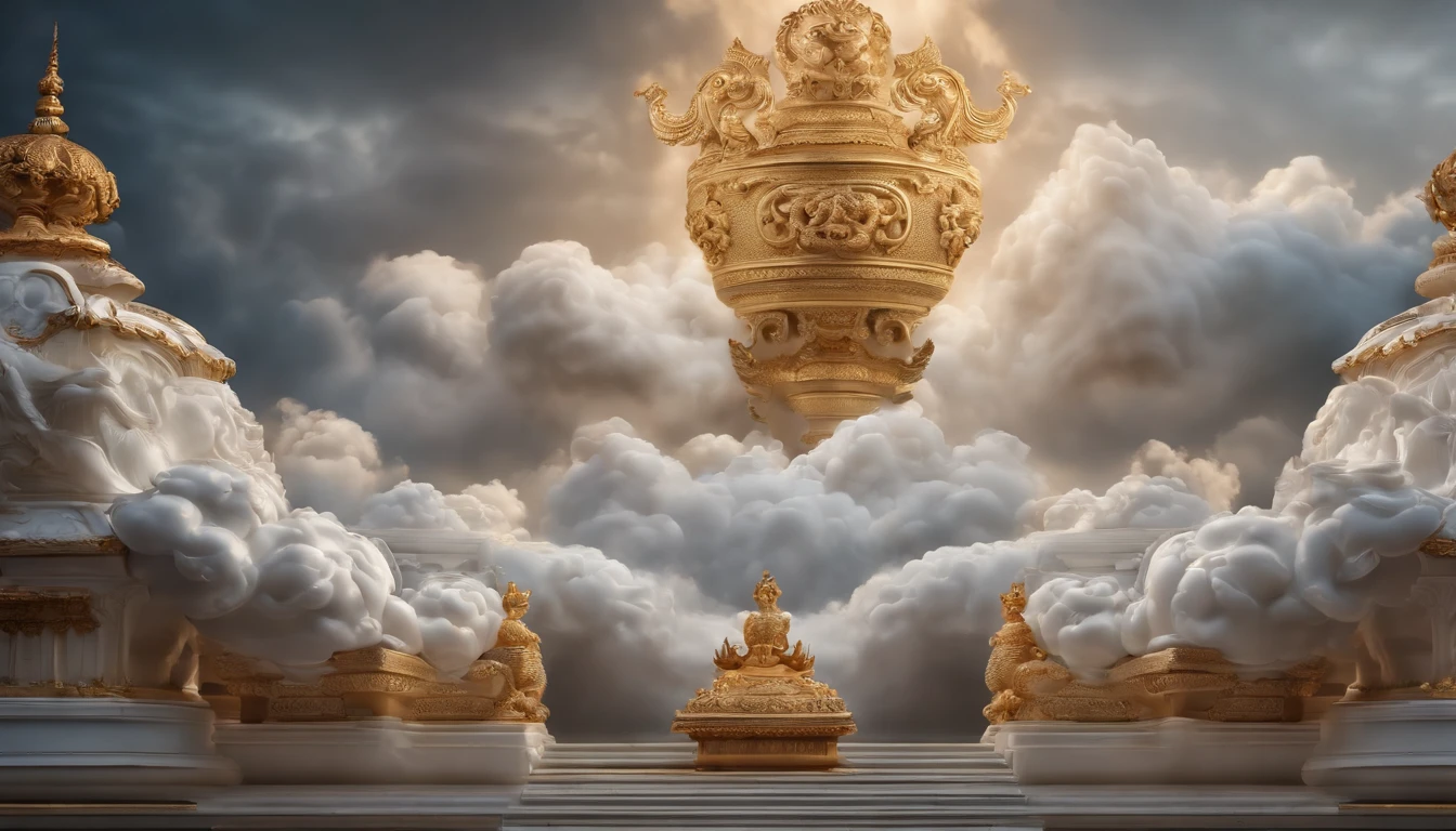 Extreme detail, 8K, hyper qualit, Masterpiece, illustration, Photorealistic, Ultra photo realsisim, intricate sharp details, Dramatic lighting, Classical auspicious clouds, Auspicious clouds made and carved with fine porcelain and white marble,