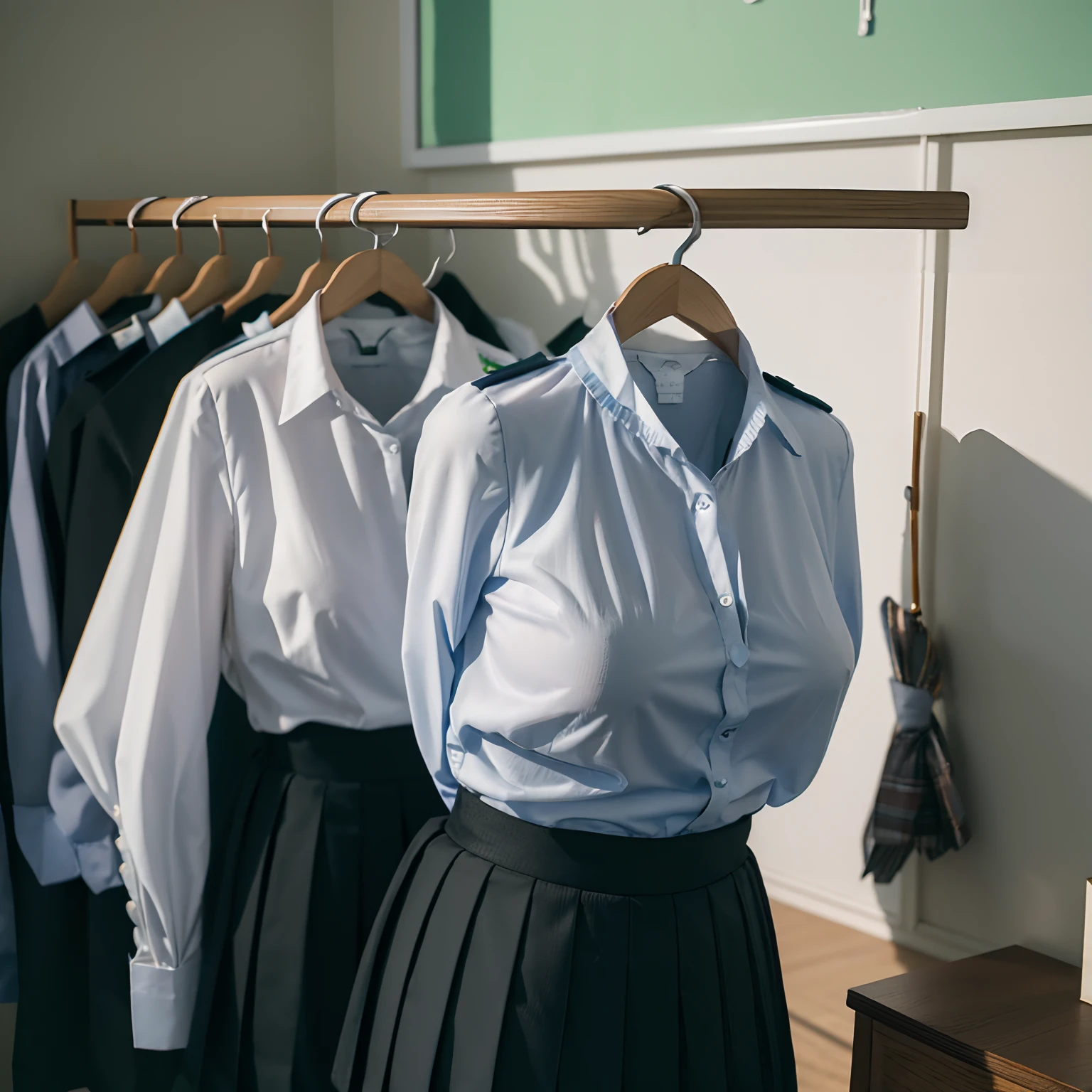 (girls' school blouse on hanger:1.7) , (school blouse on hanger swells as if worn by invisible girl:1.7),((invisible, no humans:1.7, headless:1.7, handless, legless)), (big breasts:1.9),(on bed),(arms up),
(8k, RAW photo, best quality, masterpiece:1.2), (realistic, photo-realistic:1.37),photon mapping, radiosity, ((Hasselblad photography)),physically-based rendering,