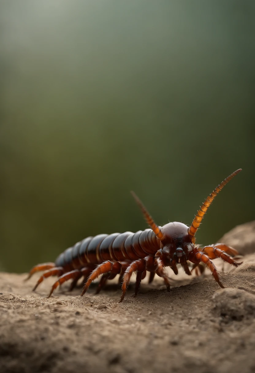 "Crea una imagen de Scolopendra viridicornis, A centipede crawling on the ground, with multiple long, slender legs and a pair of antennae on the head. Centipede should be placed realistically, como si se estuviera arrastrando por la tierra o el suelo".