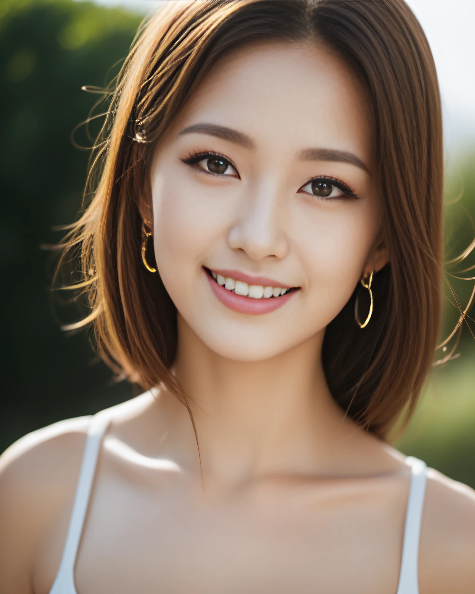 8k, RAW photos, photorealistic, realistic, best quality, masterpiece, sharp focus, real person, ultra high definition, 1girl, Japan person, 25 years old, very beautiful face and body, detailed eyes and pupils, makeup, brown hair, shiny lips, earrings, mature, sexy, cute, wonderful, smile, fair and clean skin, beautiful big breasts,one piece wearing swimsuit,park, armpits, light on the face, natural light, viewer view,