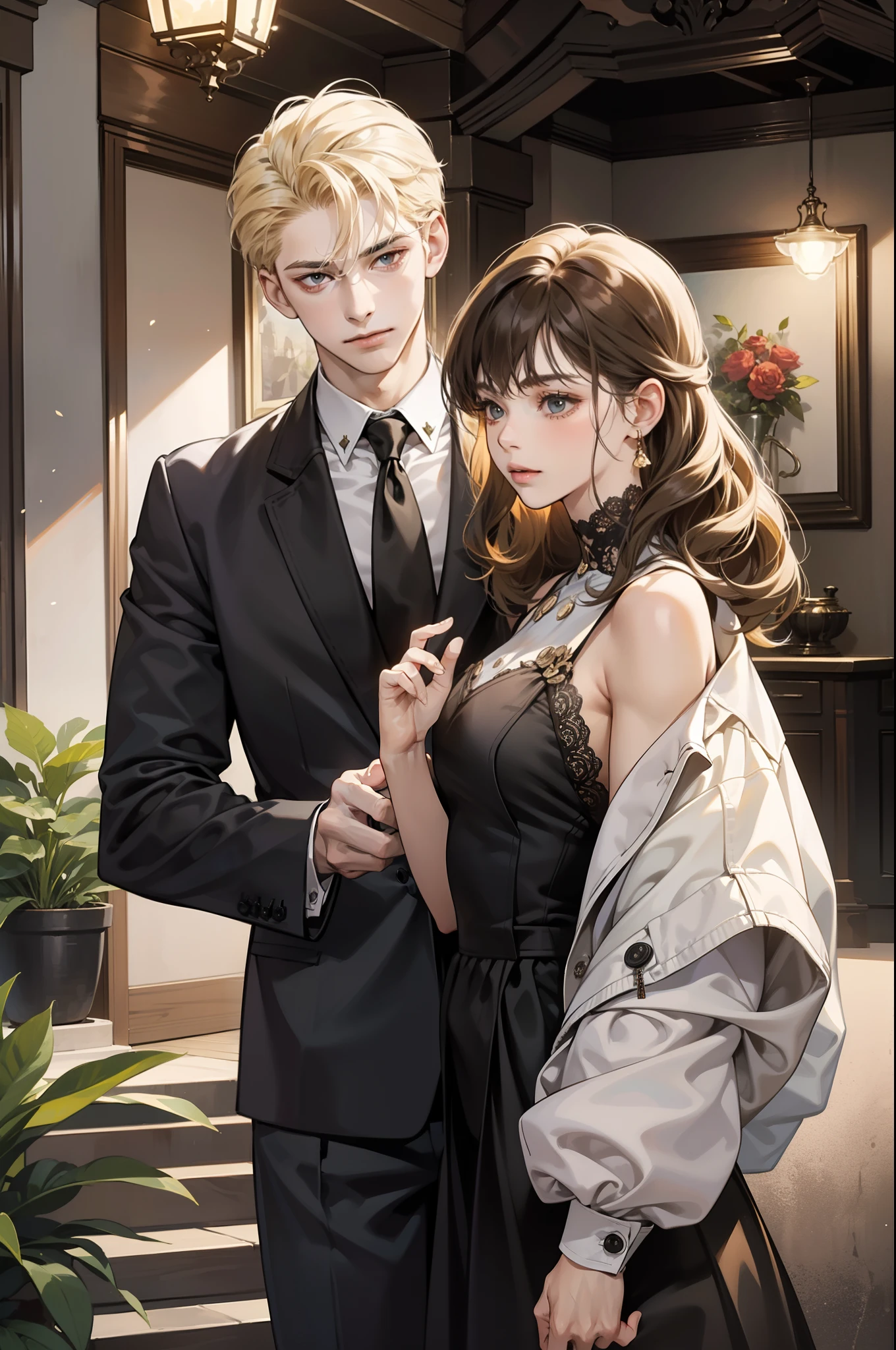 Masterpiece, best quality, 1 boy and 1 girl, short blonde hair, long wavy black bang hair, ((boy give girl the chocolate)), boy is taller, 18 year old, girl is brunette.