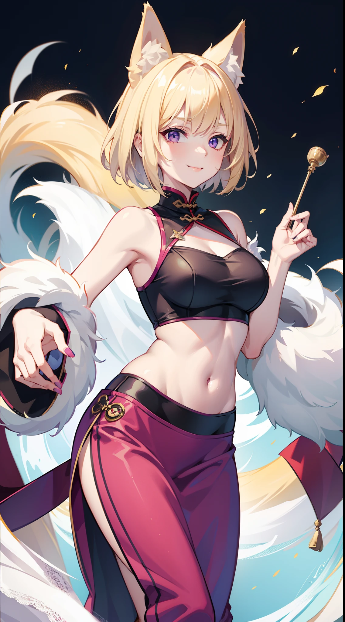 young girl, short blonde hair, Fox ears, violet eyes, long chinese skirt, Green Chinese tight top, open belly, smirk, Masterpiece, hiquality