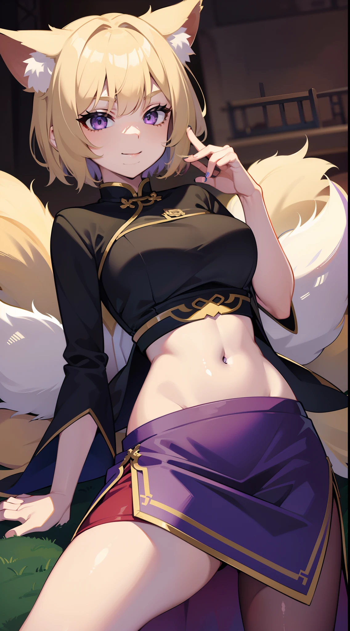 young girl, short blonde hair, Fox ears, violet eyes, long chinese skirt, Green Chinese tight top, open belly, smirk, Masterpiece, hiquality