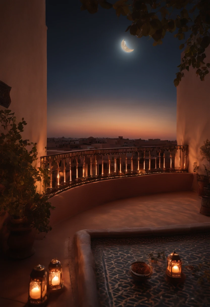 hyper realistic photo, ultra detailed photograph of a beautiful Moroccan rooftop, photorealistic, riad rooftop, Marrakech view, stunning moon in the sky, iridescent, hyperrealism, moroccan lamps, sexy, Ultra photoreal, Intricate details, Ultra detailed, elegant photorealistic, great high details, hyper real photo, 8k, extreme quality, gorgeous roses, exotic, glimmering lights, magical, super romantic