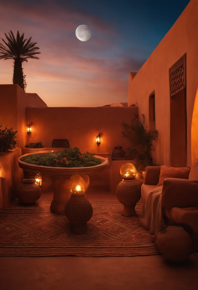 hyper realistic photo, ultra detailed photograph of a beautiful Moroccan rooftop, photorealistic, riad rooftop, Marrakech view, stunning moon in the sky, iridescent, hyperrealism, moroccan lamps, sexy, Ultra photoreal, Intricate details, Ultra detailed, elegant photorealistic, great high details, hyper real photo, 8k, extreme quality, gorgeous roses, exotic, glimmering lights, magical, super romantic