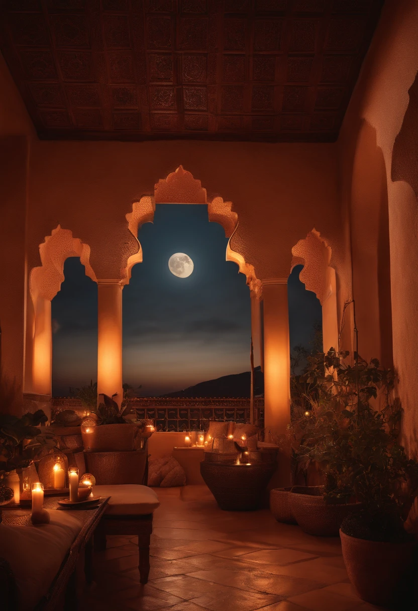 hyper realistic photo, ultra detailed photograph of a beautiful Moroccan rooftop, photorealistic, riad rooftop, Marrakech view, stunning moon in the sky, iridescent, hyperrealism, moroccan lamps, sexy, Ultra photoreal, Intricate details, Ultra detailed, elegant photorealistic, great high details, hyper real photo, 8k, extreme quality, gorgeous roses, exotic, glimmering lights, magical, super romantic