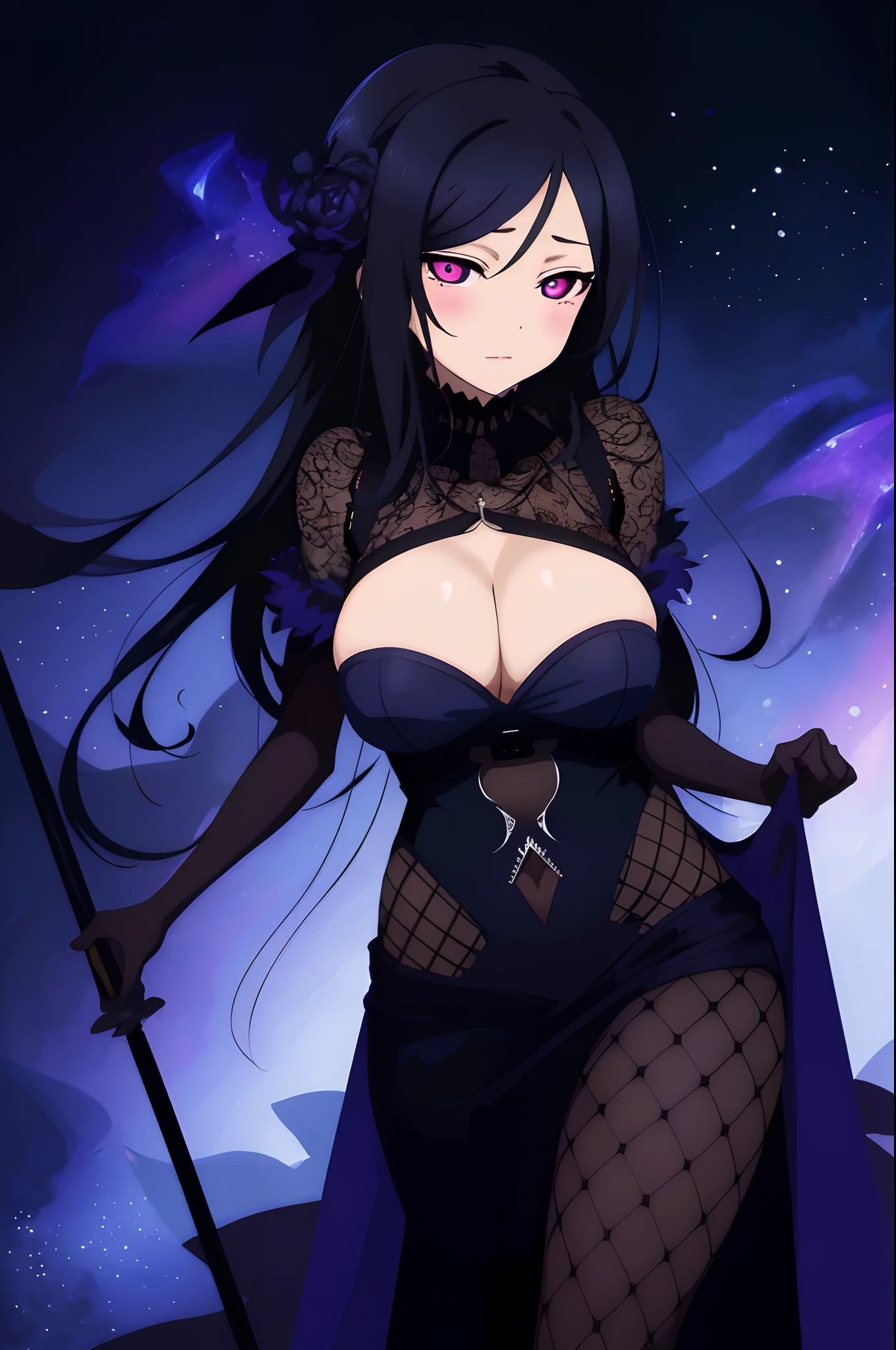 masterpiece, best quality, masterpiece, (1girl), (LLChar), big breasts, cleavage, body stocking, evil witch, dark energy, void, empty eyes, (extremely evil), dark magic, dark forest, negaive energy, hell, void, stars, black hair,