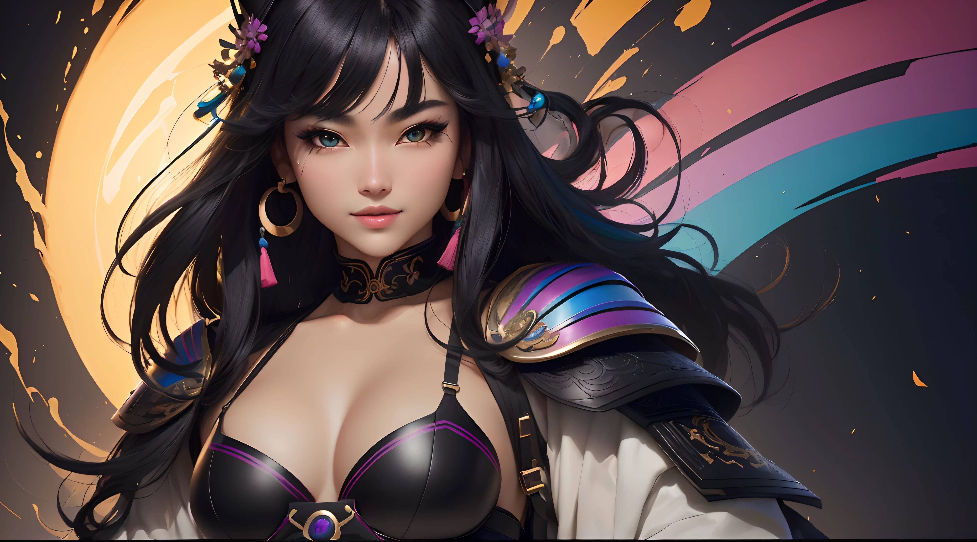 "20 years old cheerful Fubuki is a real masterpiece with feminine beauty, perfect anatomy. Olpntng style, colorful rainbow, black samurai outfit, clean design, epic Instagram, artstation, full full of color paint streaks, circles, contours When you look at her Beautiful eyes you will clearly see every little detail and perfect lines, every detail on the skin is beautiful in 8K quality. Mesmerized by the confidence that radiates from every glance. His head has black hair and his face has been meticulously painted in every detail with 8K image quality."