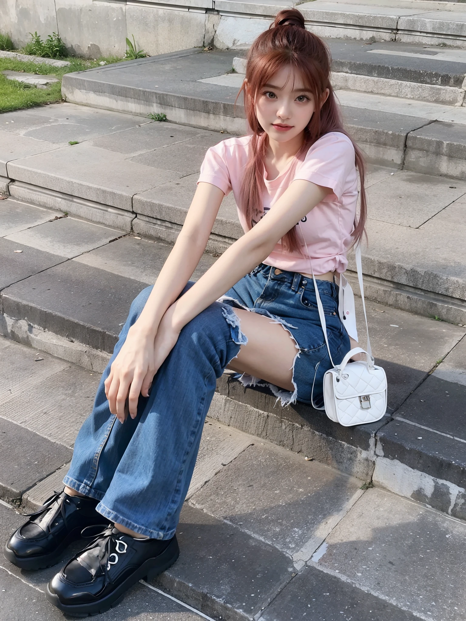 A pink-haired Arapefi girl sits on the steps with her purse, kawaii shirt and jeans, chiho, Casual pose, sat on the ground, xintong chen, taken in 2022, Y2K style, y 2 k style, full body cute young lady, leaked image, with pink hair, belle delphine, xision wu, 🤤 girl portrait