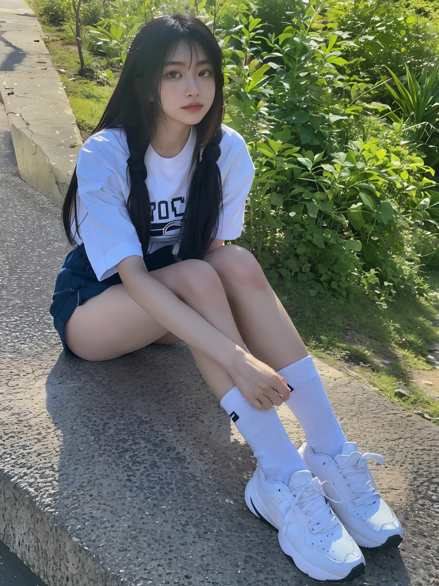 Aravi sat on the ground，legs crossed, personal profile picture, She is seen wearing streetwear pieces, chiho, sat on the ground, Young Asian girl, mid shot portrait, low perspective, 2 4 year old female model, nice afternoon lighting, outfit photograph, Anime Thai girl, Korean girl, Asian girl, wearing skirt and high socks, very low quality, Casual pose