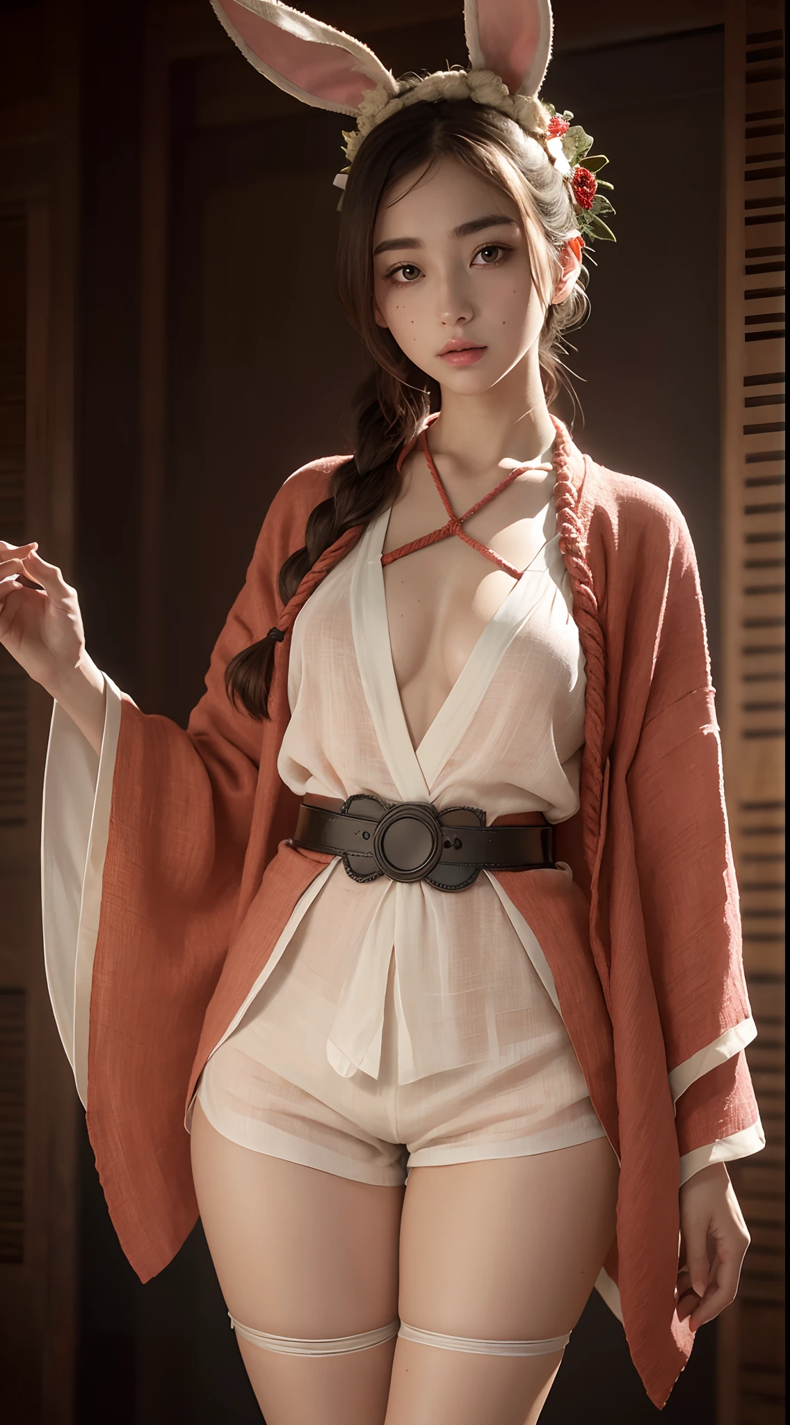 Manwa,dynamic pose,1girl,pale skin,delicate face,bunny ears,moles,intricate details,(thin kimono:1.2,rope belt,red linen shorts with open sides:1.3),small waist,(wide thigh gap:1.3,thick thighs:1.3),white background,(best quality:1.2,ultra-detailed,realistic:1.37),portrait,soft colors,polished lighting