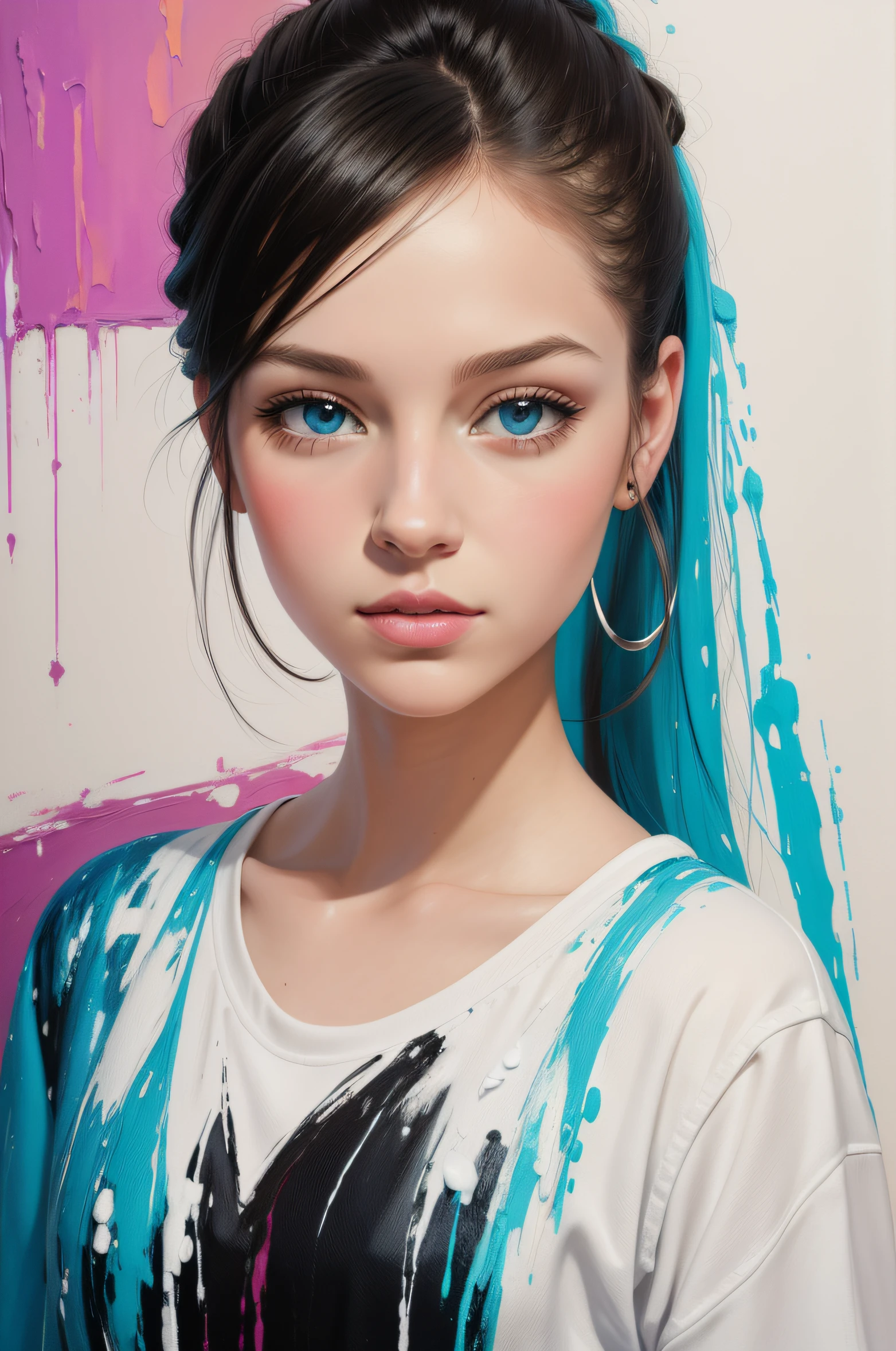 Portrait of a white girl , uses solid floss colors, All stitches are full Stitches. No half stitches or back stitching, Oil Panting style, Oil on Canvas, Spray Printing , Oil Paintings Art, Abstract Theme , Canvas Modern Style, masterpiece