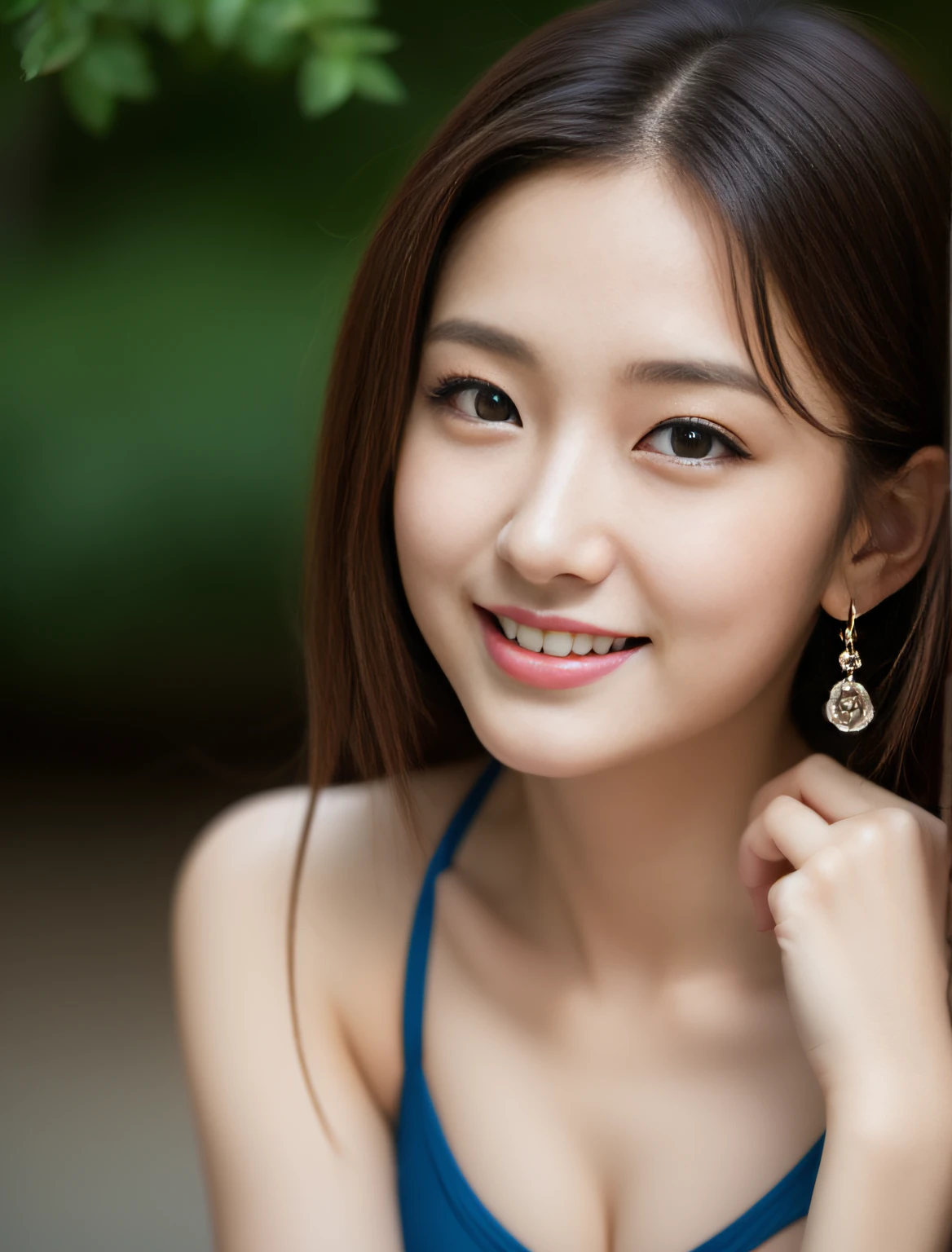 8k, RAW photos, photorealistic, realistic, best quality, masterpiece, sharp focus, real person, ultra high definition, 1girl, Japan person, 25 years old, very beautiful face and body, detailed eyes and pupils, makeup, brown hair, shiny lips, earrings, mature, sexy, cute, wonderful, smile, fair and clean skin, beautiful big breasts,one piece wearing swimsuit,park, armpits, light on the face, natural light, viewer view,