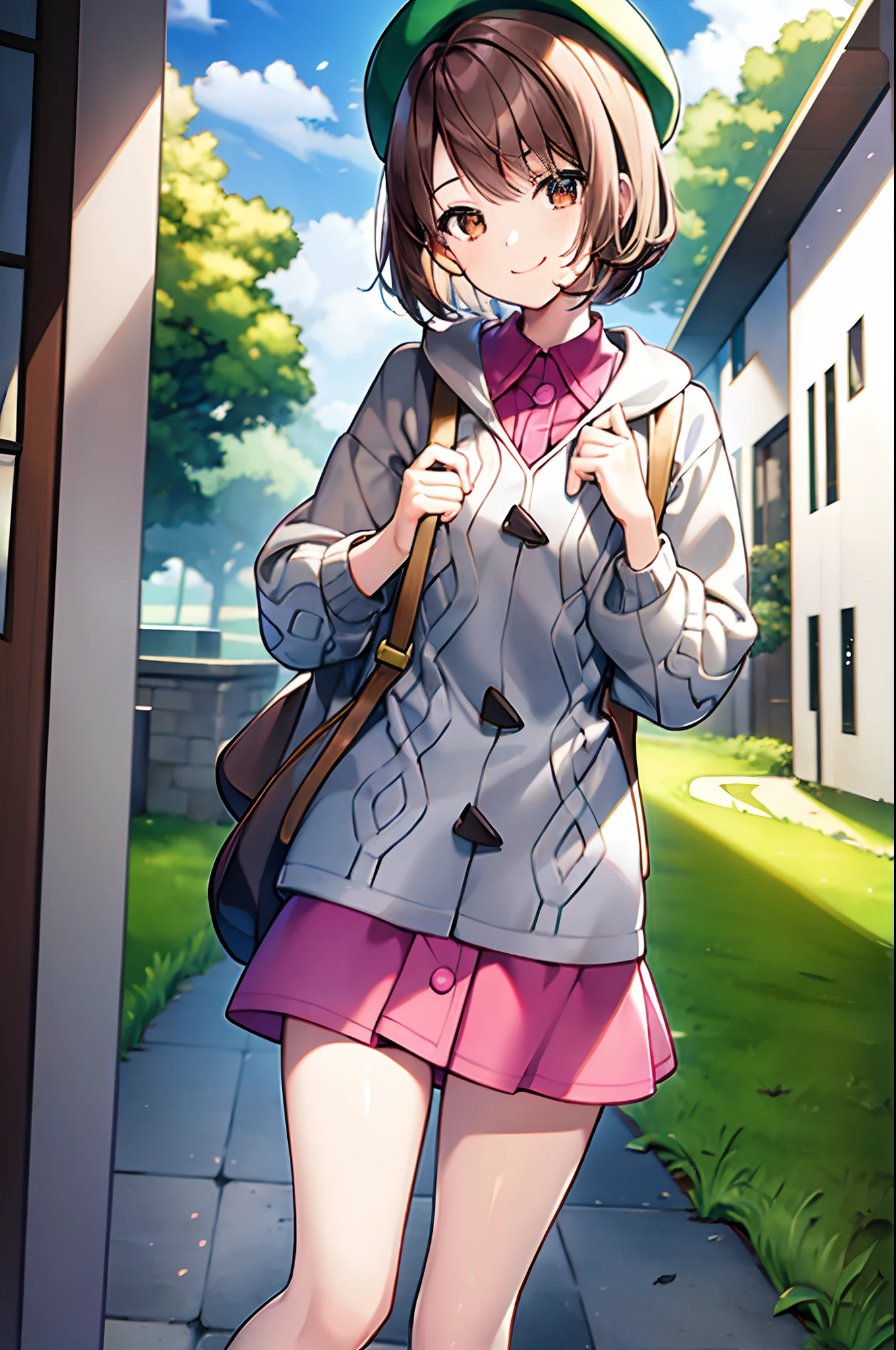 masterpiece, best quality, 1girl, brown hair, backpack, brown eyes, tam o' shanter, grey cardigan, pink dress, short hair, green socks, socks, brown bag, bob cut, bangs, long sleeves, collared dress, sexy pose, seductive, smile, field, grass,