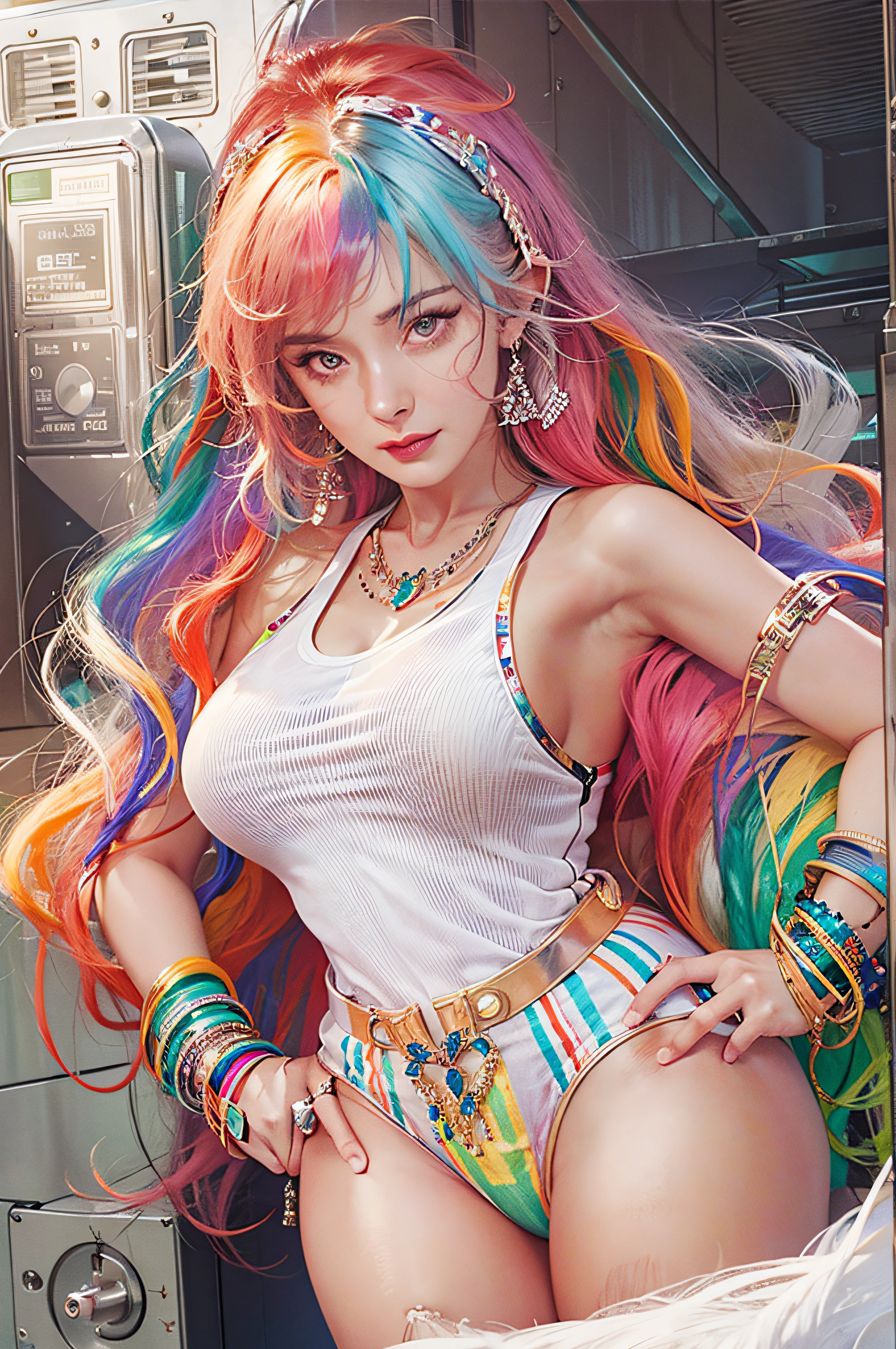Photorealistic, high resolution, 1womanl, Solo, Hips up, view the viewer, (Detailed face), Rainbow-colored hair, Long hair, colorful uniforms,Oversized clothes, midjourney portrait, jewelry,cleavage,huge tit,Raised sexy