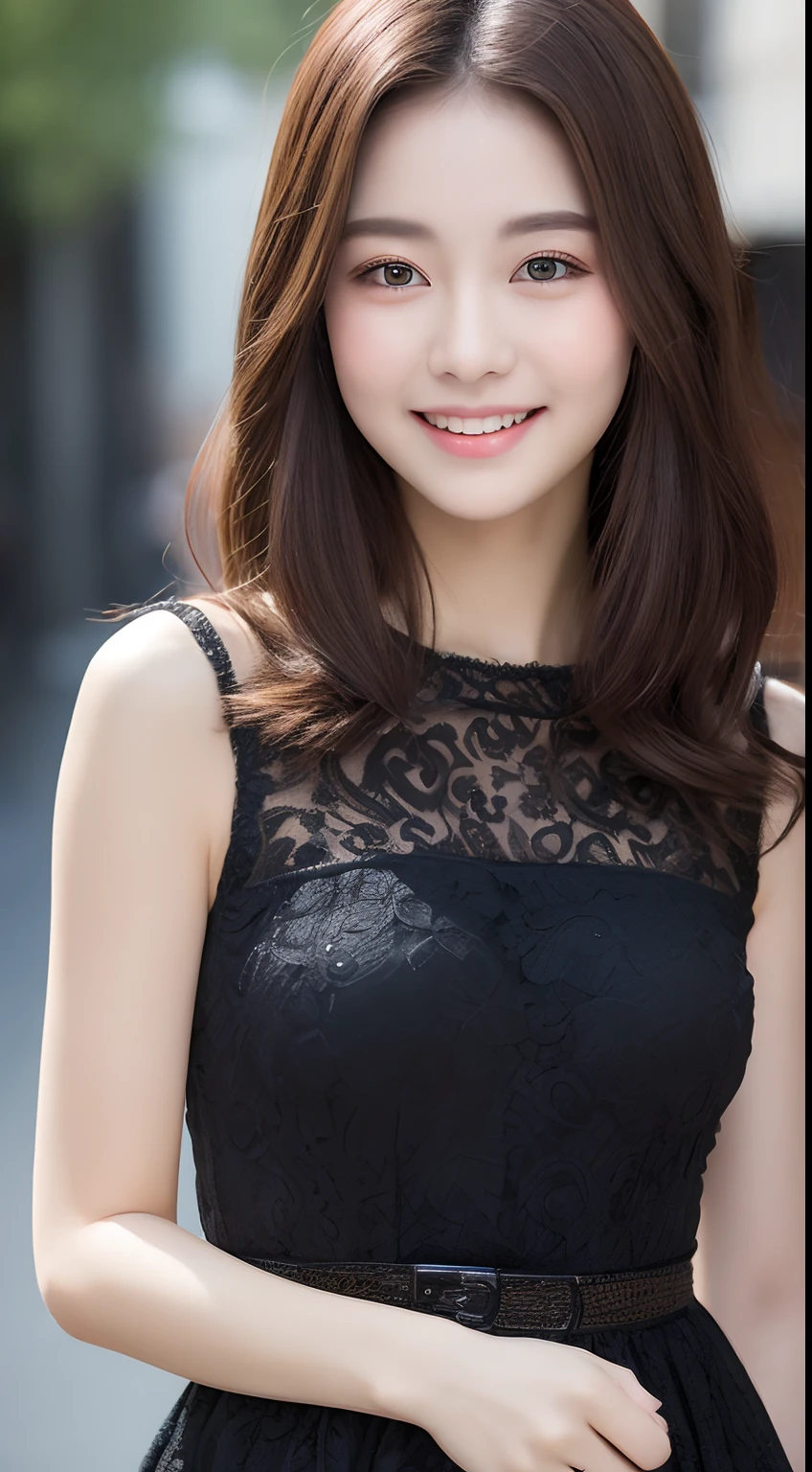 ((Best quality, 8k, Masterpiece :1.3)), 1girl, smiling, full body, slim face, Pretty woman, (Dark brown hair), full length dress :1.1, Ultra-detailed face, Detailed eyes, Double eyelid, blur background, slim face, city, outside, street,