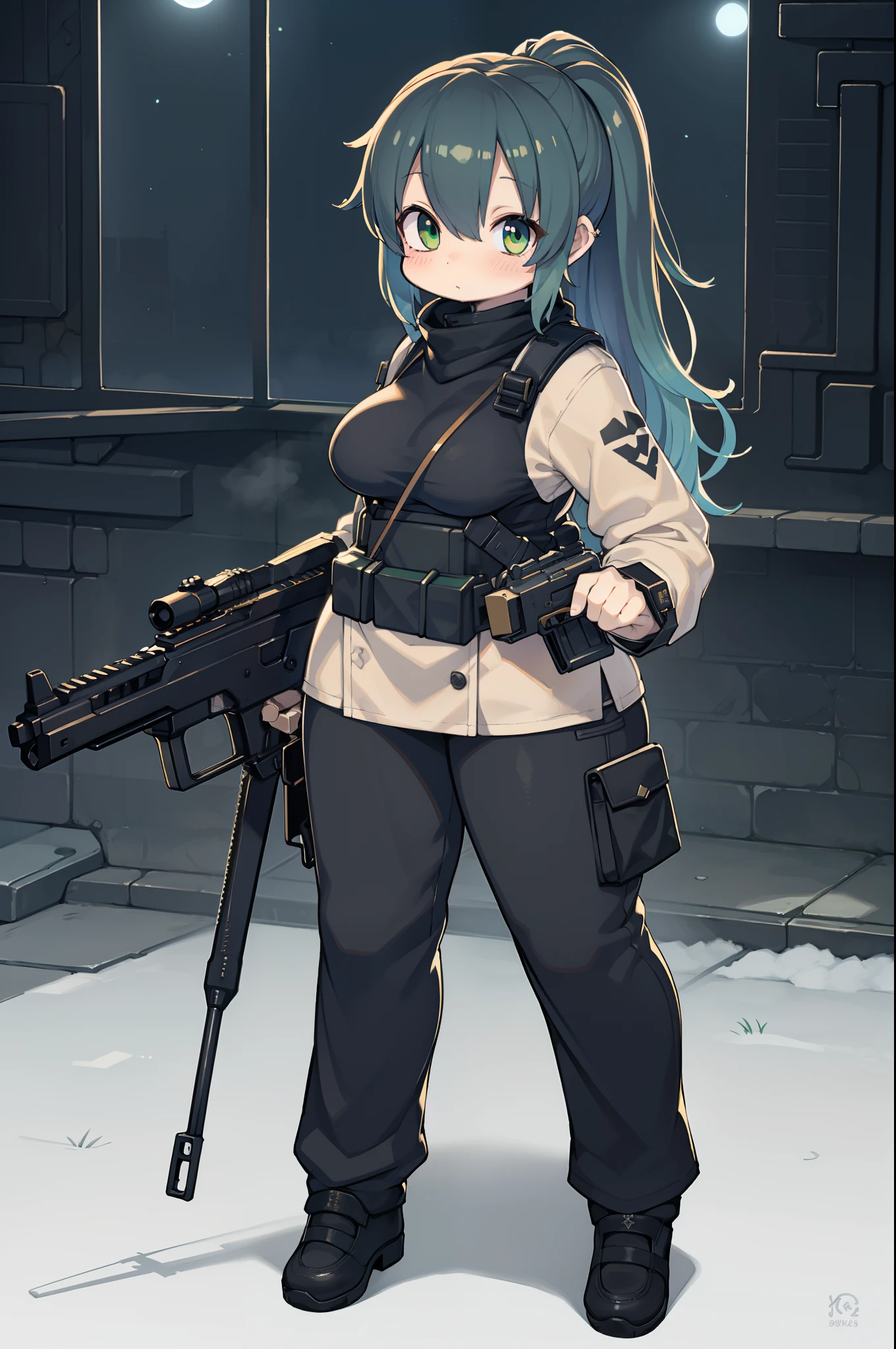 、assault rifle、Long sideburns、Anime-style girl with beautiful whole body, clean detailed faces, ciber,analogous colors, Glowing shadows, beautiful gradients, depth of fields, CLEAN IMAGE, High quality,Black Parker Clothing、 high detailing, High Definition, blush, Fit, Heavenly Beauty, Very detailed, Soft lighting, Full body,Green&Black hair,Green eyes、