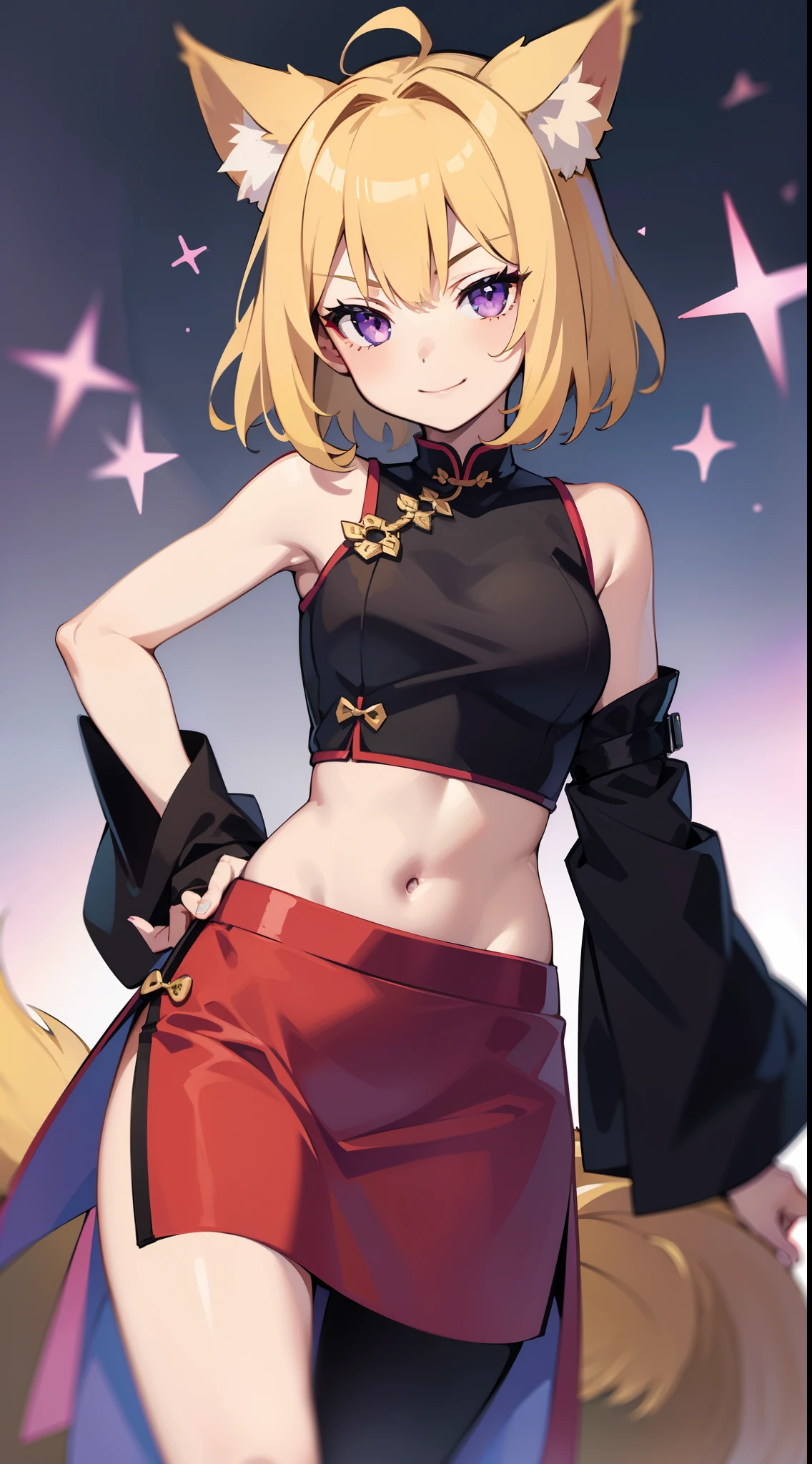 young girl, short blonde hair, Fox ears, violet eyes, long chinese skirt, Green Chinese tight top, open belly, smirk, Masterpiece, hiquality