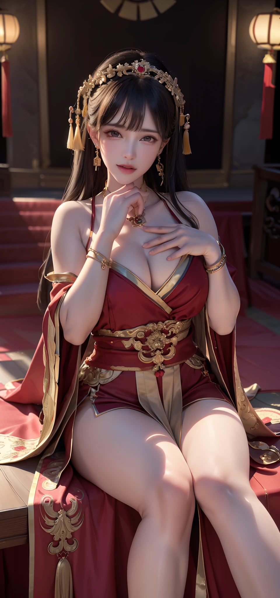 (8K, RAW photo, Best quality, Masterpiece:1.2),(Realistic, photo-realistic:1.37),Photo mapping,Professional lighting,Radio City,1girll,Solo,Long_Hair,(Bracelet:1.1),(Long legs:1.2),(Earrings:1.1),Physically-based rendering,stage,performance,sitting down,close hand,Chinese costumes,Red and gold dress