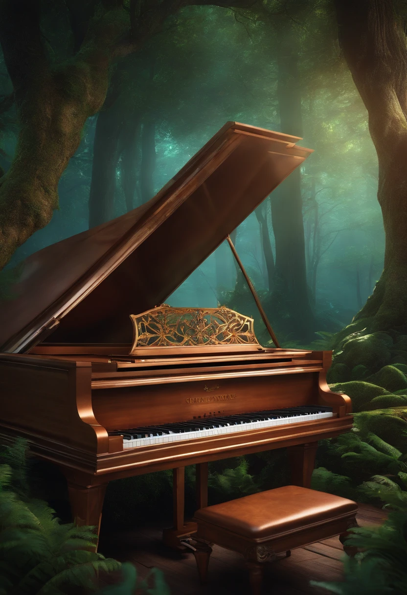 Portrait of a luxury and fantastic piano at a fantasy forest, printable, 8k