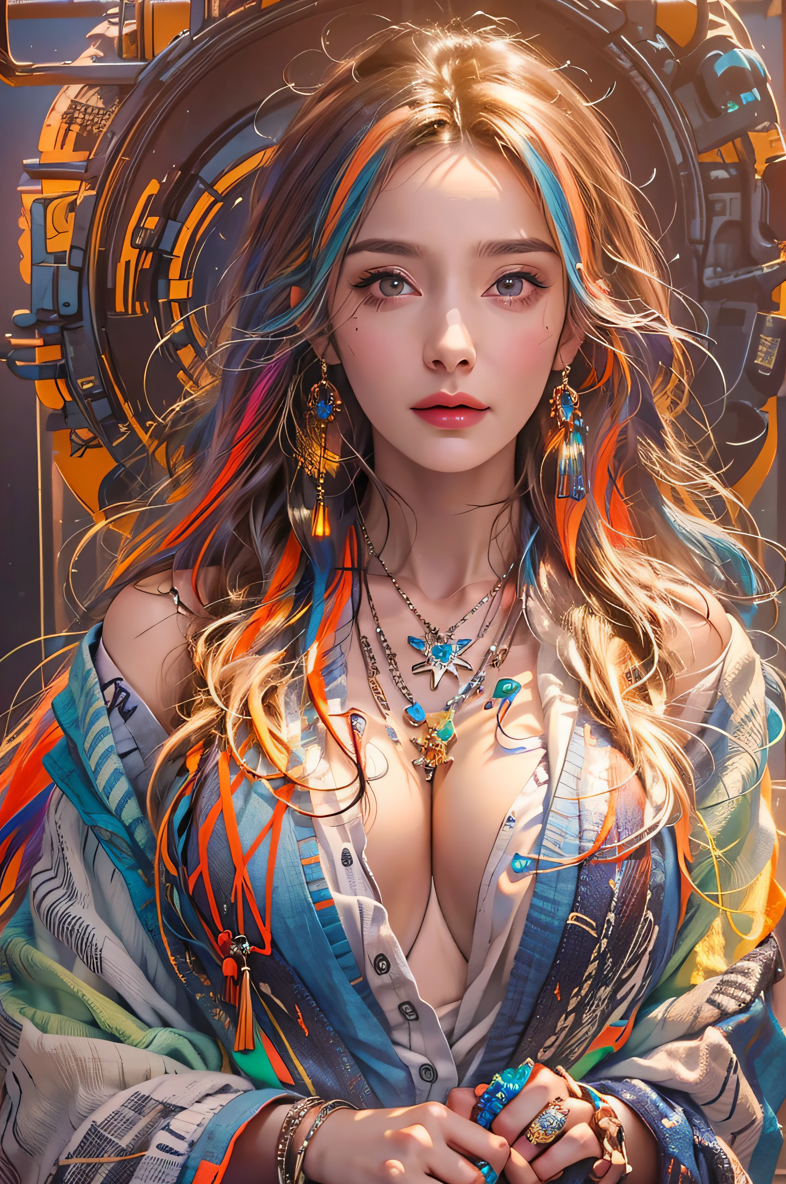 Photorealistic, high resolution, 1womanl, Solo, Hips up, view the viewer, (Detailed face), Rainbow-colored hair, Long hair, colorful robes,Oversized clothes, midjourney portrait, jewelry，cleavage，huge tit，Cover your breasts